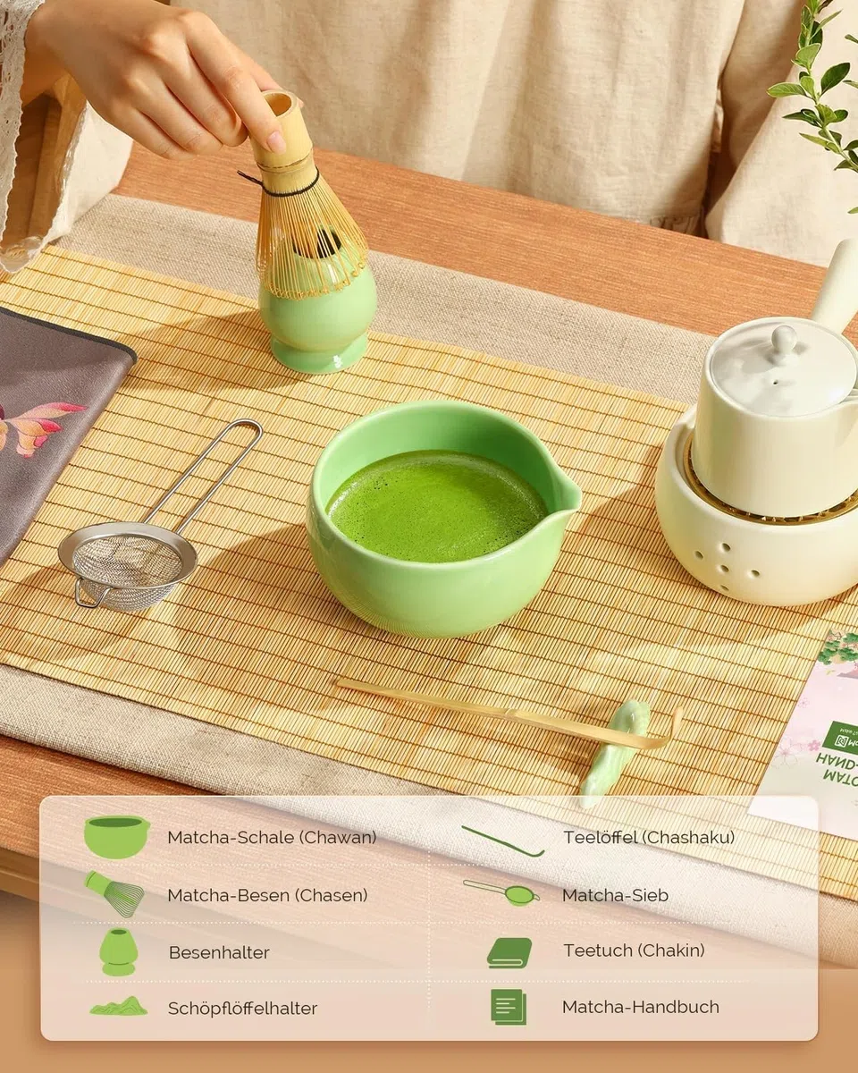 Maestri House Matcha Besen Set Geschenkset 7-Teilig – Japanisches Matcha Zubehör Set mit Ausgießer-Schale, Bambus Chasen & Halter – Hochwertige Geschenkidee für Matcha Liebhaber, Grün