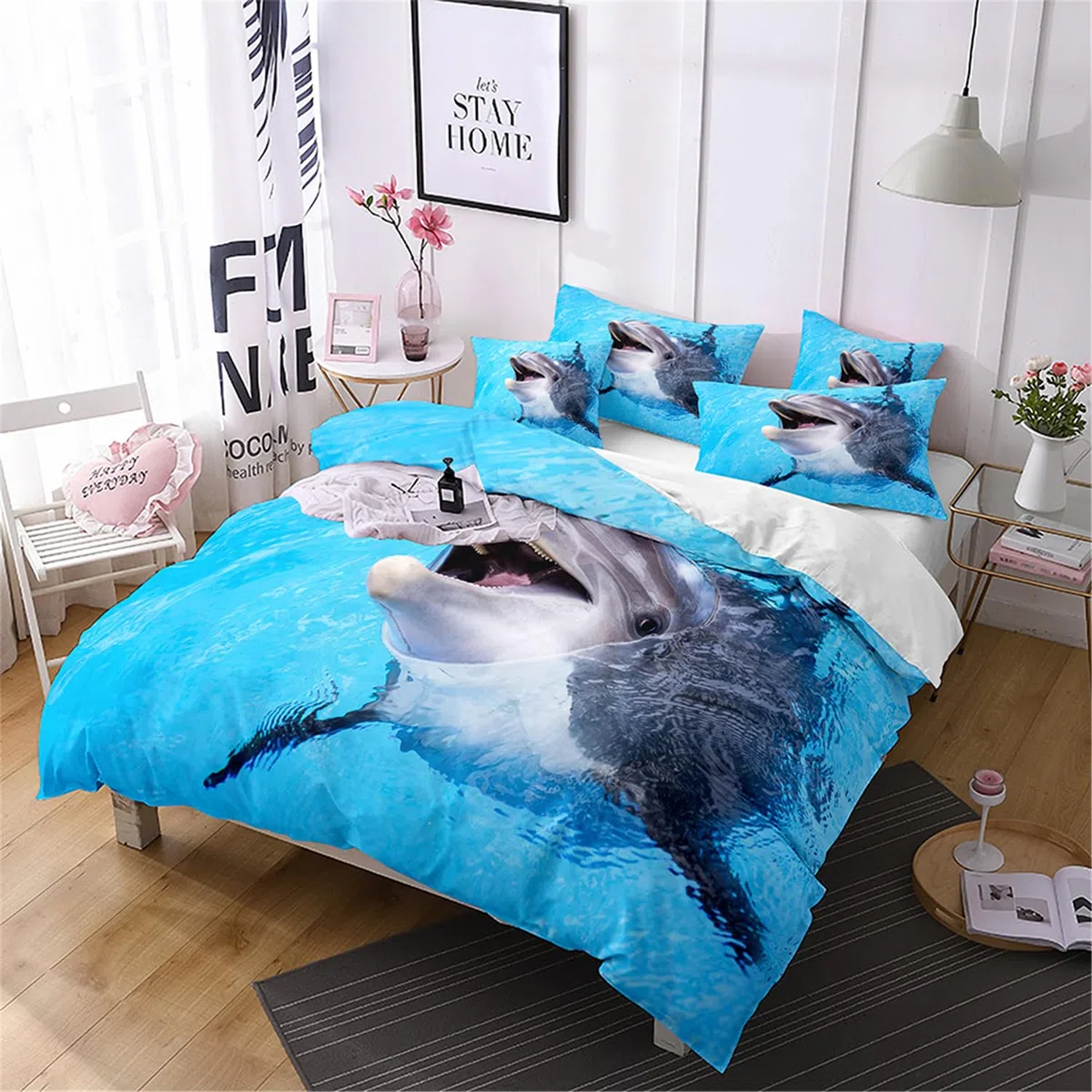 Delphin blau Bettwäsche für Kinder 135x200 Kinderbettwäsche Bettbezug und Kissenbezug-Set Ozean Tier Delfin Blau Einzelbettwäsche Set