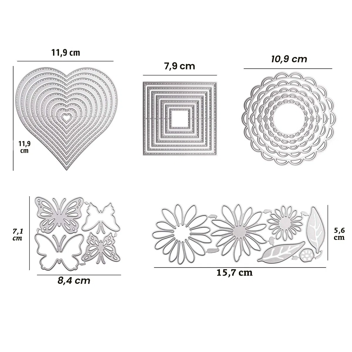 DailyTreasures 5 Formen Metall Stanzschablone Set, Scrapbooking Prägeschablonen Stanzschablone Geometrisch Set, Stanzschablone Herzform Rechteckig Kreis Blüten Schmetterling für Lehrertag Muttertag