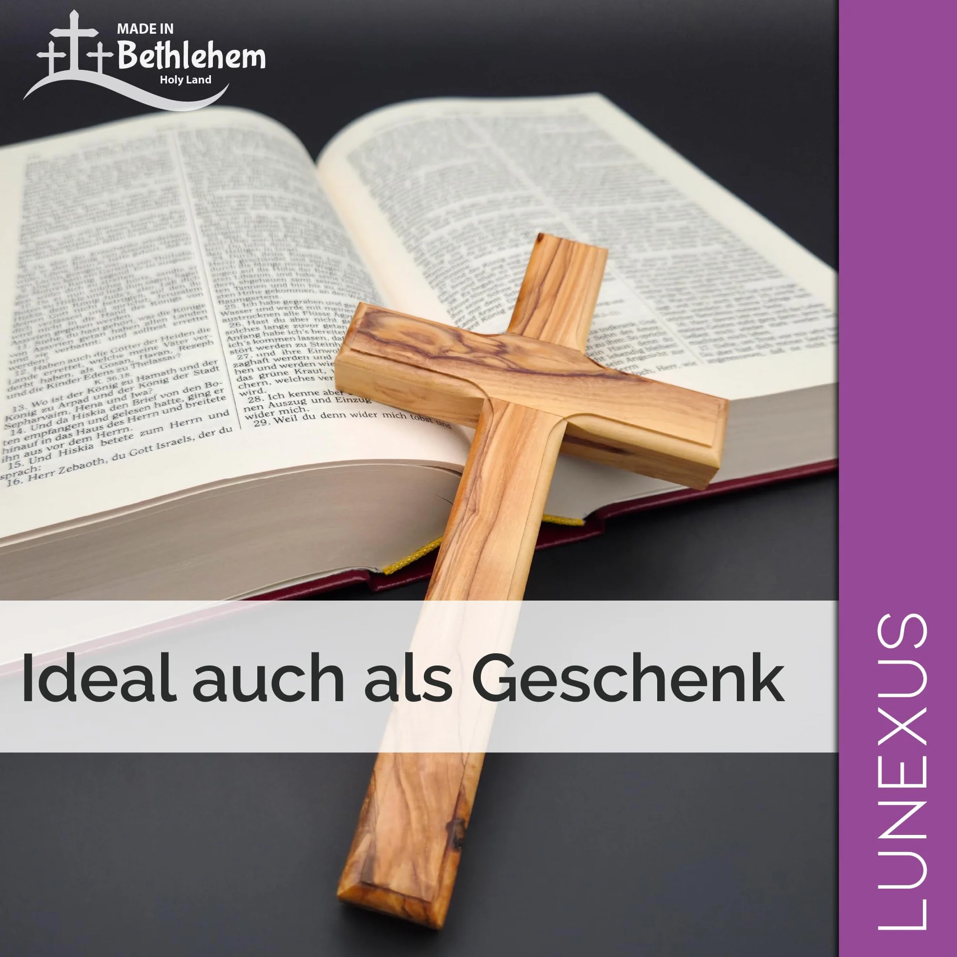 Lunexus Wandkreuz Olivenholz 16x9 cm christlich handgefertigt gesegnet | Massives Olivenholz aus Bethlehem - gesegnet mit Zertifikat - inkl. Montageset - für Taufe, Kommunion, Firmung, Hausaltar