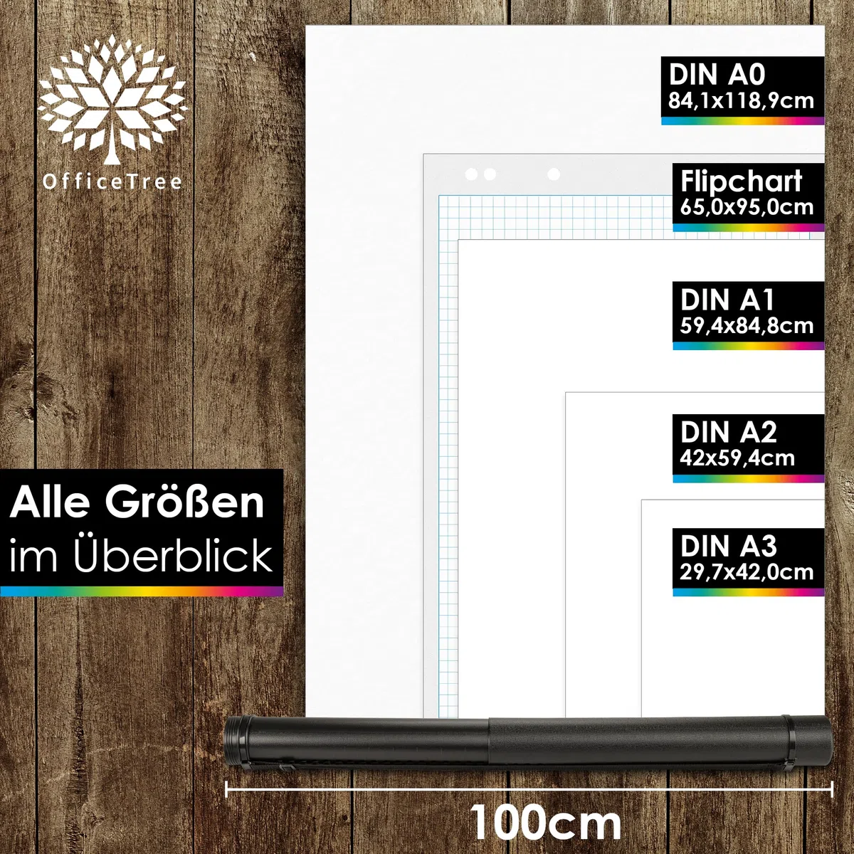 OfficeTree Posterrolle A0 Schwarz 60-100 cm verstellbar inkl. Tragegurt - Flipchart Köcher - Zeichenrolle - Zeichenrollenköcher - Plakatrolle - Poster Transportrolle A2 - Planrolle - Plakat Rolle