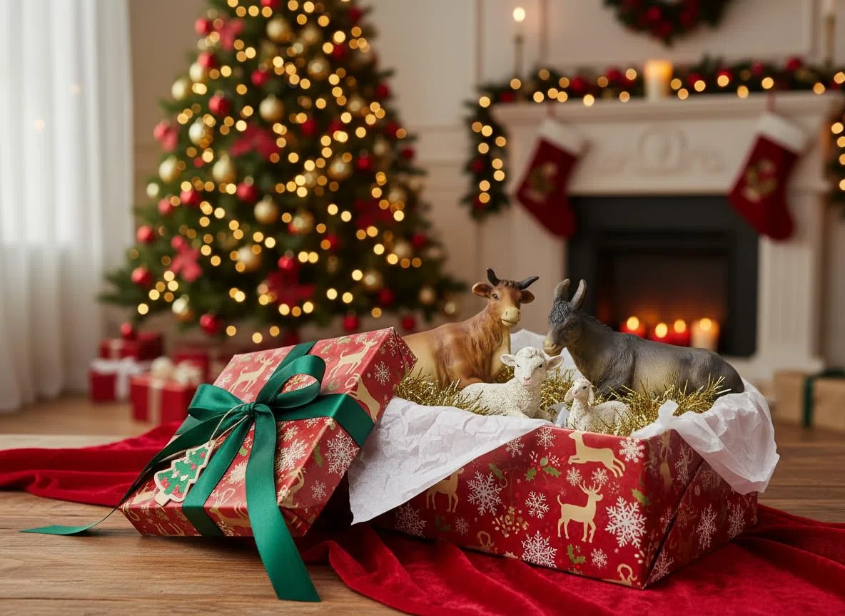 ELLUG Krippenfiguren Tiere 4er Set Ochse, Esel, Schaf, Lamm als Ersatzfiguren Tierfiguren Krippenzubehör Weihnachtskrippe max. H.: 7,5cm / max. L.: 10cm