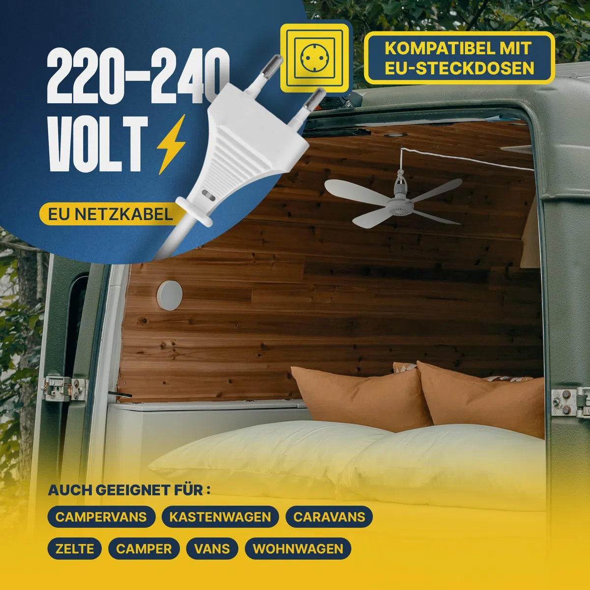 Bestlivings Mobiler Deckenventilator Weiß (5m XXL Kabel) mit Stecker und Schalter, 220V-240V / 5 Watt, Ø40 cm Decken Ventilator mit Aufhänger