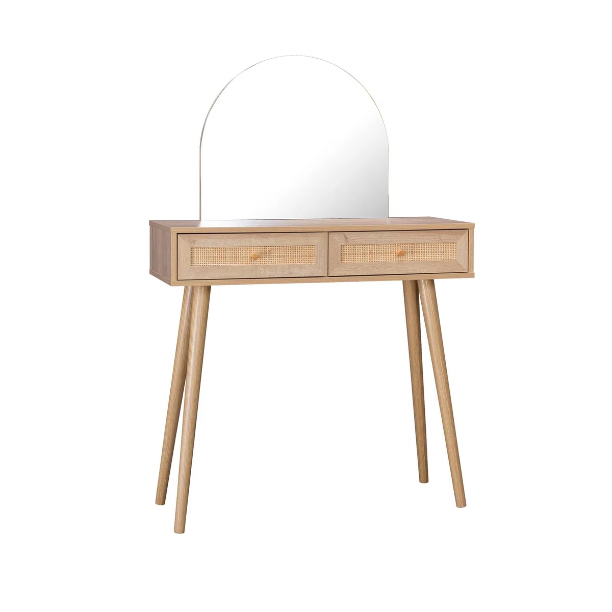 sweeek - Schminktisch mit abgerundetem Spiegel und 2 Schubladen mit Rattan-Geflecht, skandinavischer Stil, B 90 x T 35 x H 135,5 cm - Bohème