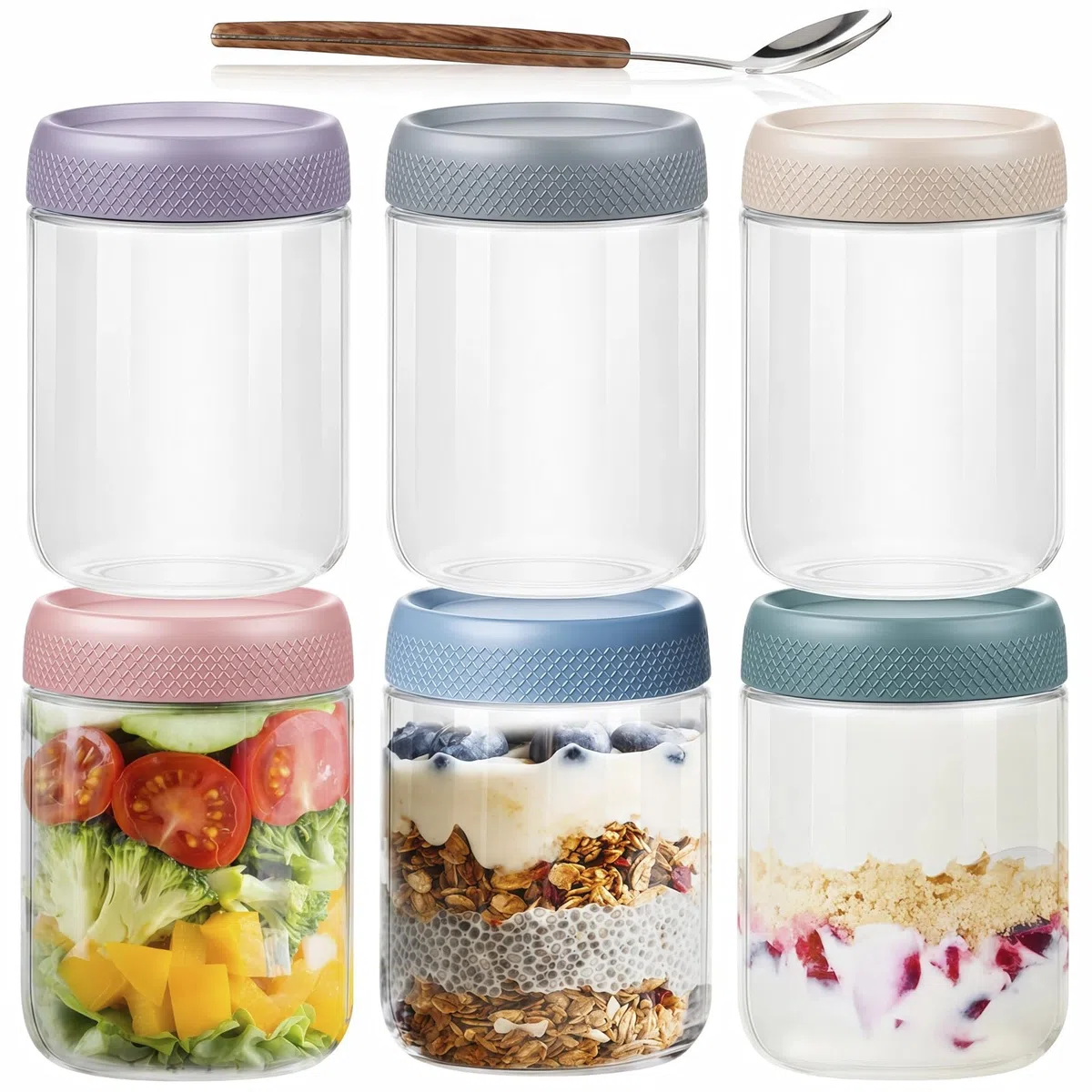 500ml Overnight Oats Gläser, 6 Pack Meal Prep Gläser mit Deckel und Löffel, Wide Mouth Gläser mit Deckel,Joghurtsnacks Obst, Salat Dressing, Sauce, Getreide-Leck Proof