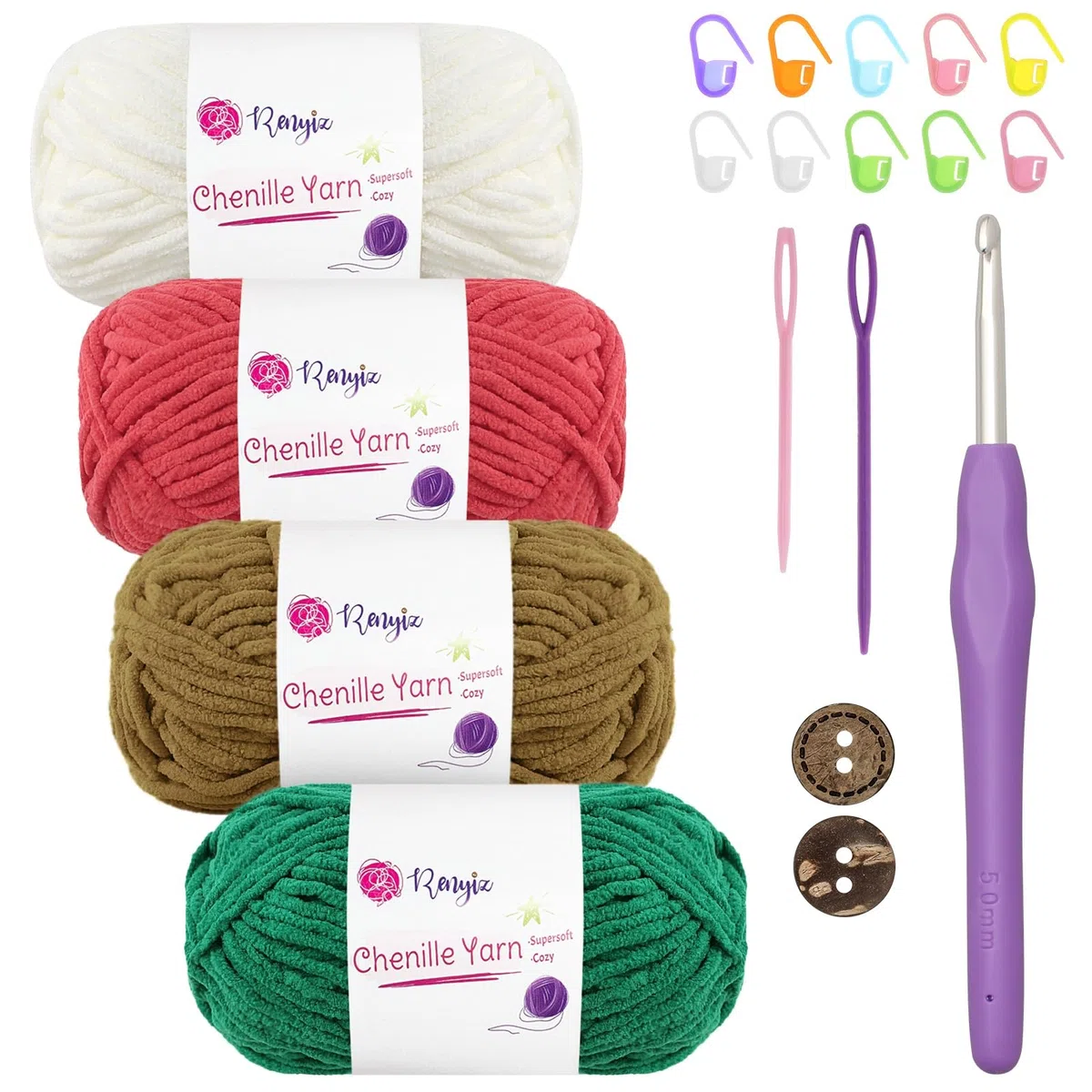 Dickes Chenille-Garn, 4 x 50 g (60 m/Knäuel) dicke, weiche, flauschige Wolle, perfekt zum Häkeln von Babydecken mit 5 mm Häkelnadel, ideal für Anfänger, Weihnachten