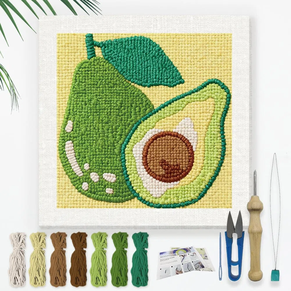 DOODLREAM Avocado DIY Punch Needle Stickset Für Erwachsene Anfänger 24cm Avocado Fruchtpunsch Stickset Für Anfänger Mit Rahmen Stoffmuster Einfädler Garn Quetschnadel
