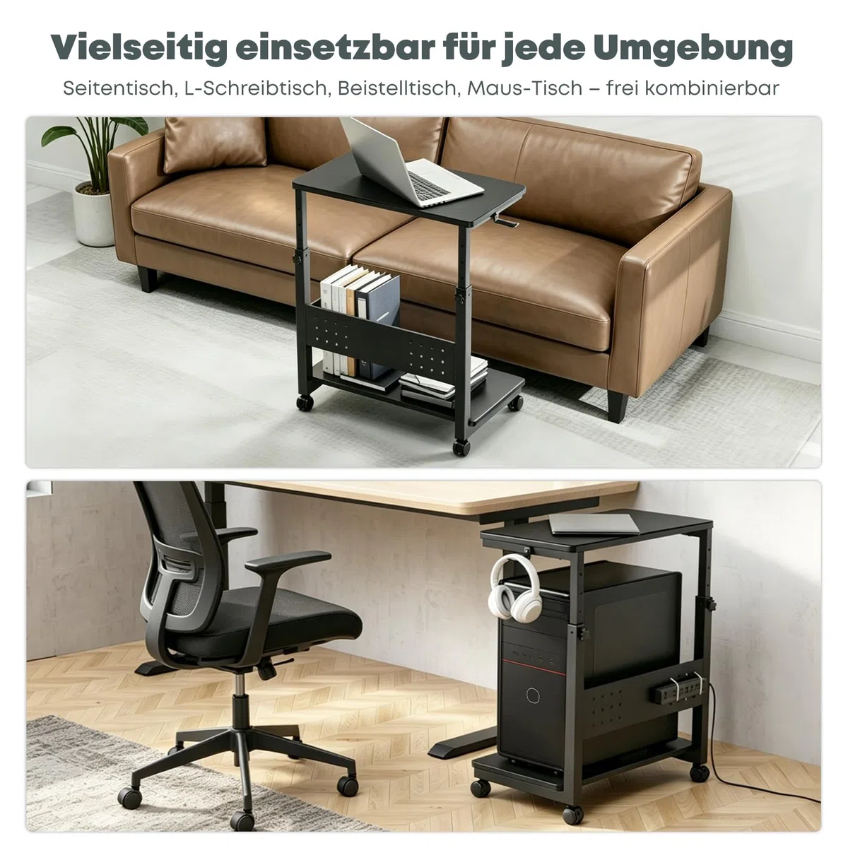 Computer Tower Ständer mit Rollen - Höhenverstellbar von 50.5 cm bis 80.5 cm, 2 stöckiger PC Ständer mit Rollen und Maus Pad, Max. Belastung pro Ebene 40 kg für Gaming, Büro, Zuhause, Schwarz