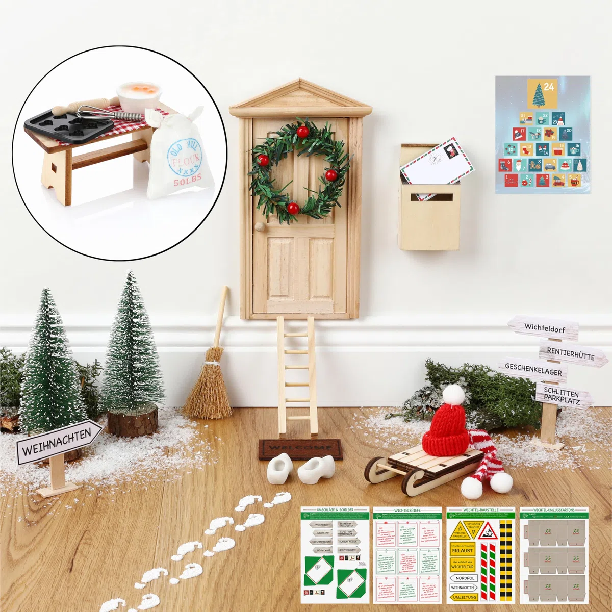 Nordstern Wichteltür Set - Komplettset inkl. Backset, Wichtelbriefe, Baustelle, Adventsakelnder, magischer Tür, Schilder und mehr Zubehör für die Adventszeit, DIY-Dekoration für Weihnachten