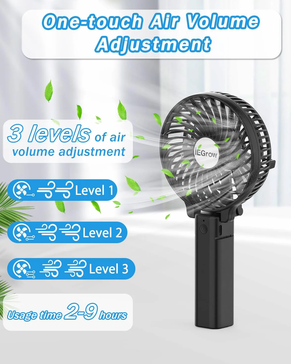 iEGrow Handventilator Tragbarer Mini Ventilatoren USB Wiederaufladbarer [2-9 Betriebsstunden] 3 Geschwindigkeiten Aufladbarem Batterie für Reisen Zuhause(Schwarz)