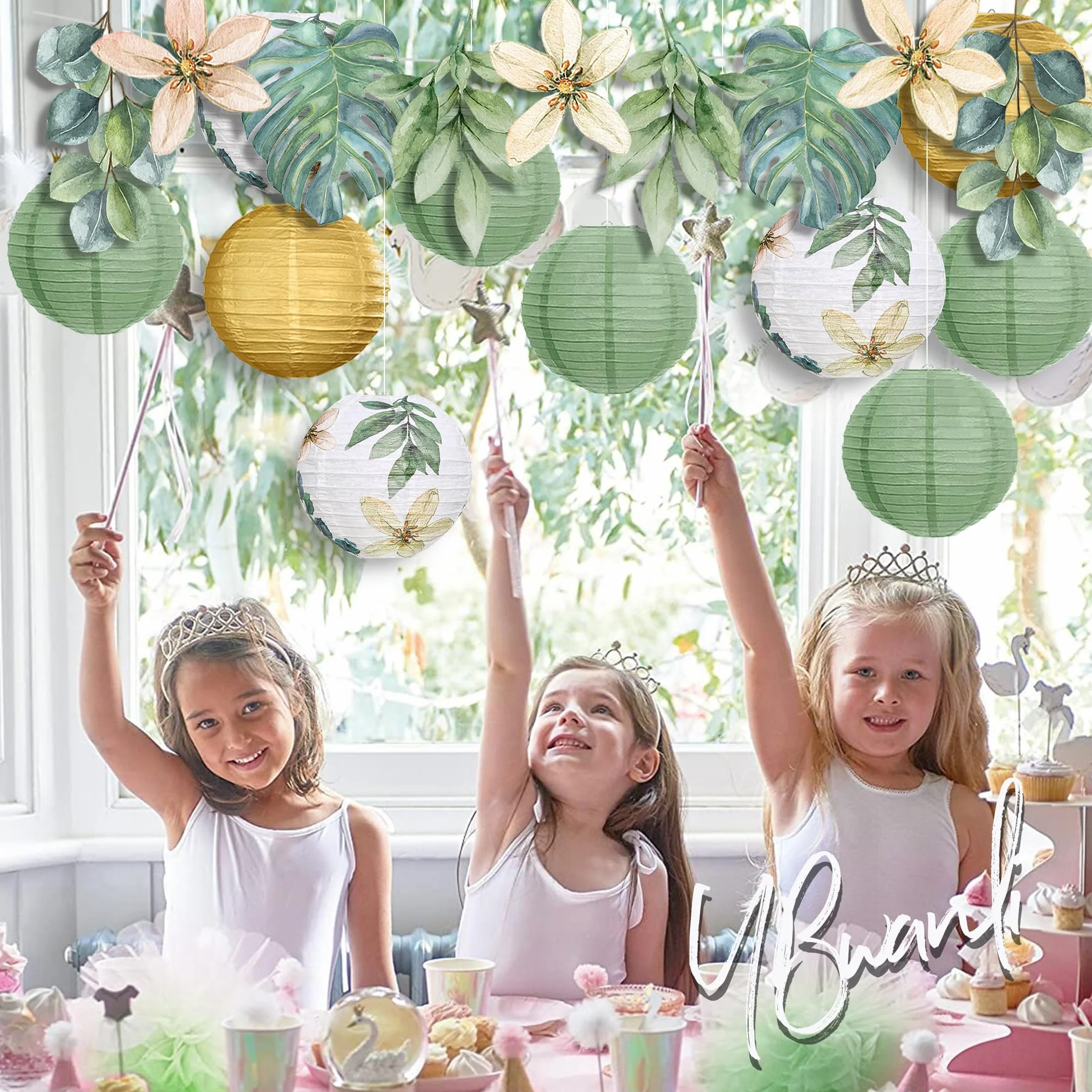 Papier Lampions party deko, 13 Stück Retro Olive Salbei Grün und Blumenlaterne Girlande,für home decoration,Taufe, Kommunion, Konfirmation, Jugendweihe deko