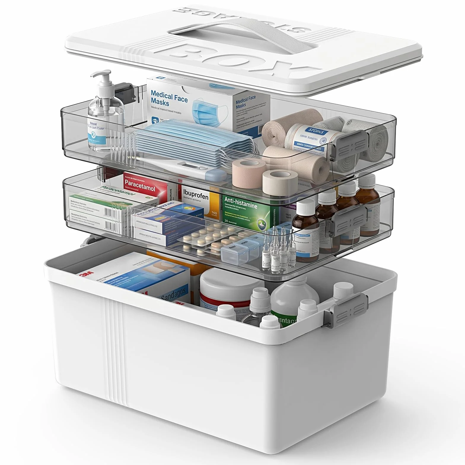 3-Stöckige Medizinbox, Medikamenten Aufbewahrung, Hausapotheke Box mit Griff und Herausnehmbarem Fach, Ideal für Haushalt und Reisen, Multifunktional, Platzsparend, Übersichtlich
