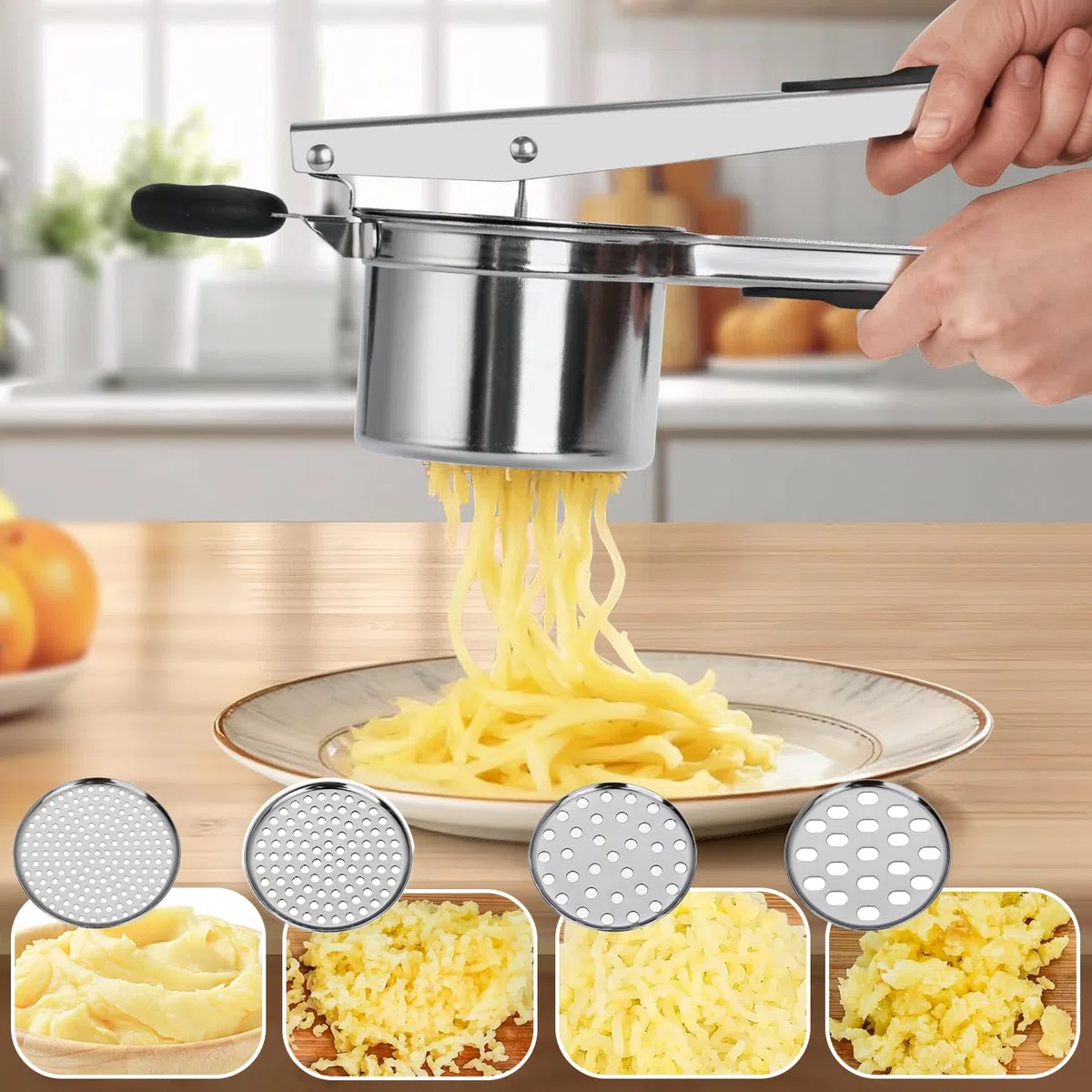 Edelstahl Kartoffelpresse mit 4 auswechselbaren Sieben | Spätzlepresse für Kartoffelbrei, Gemüse | Spaghettieis-Quetsche, Spätzlehobel