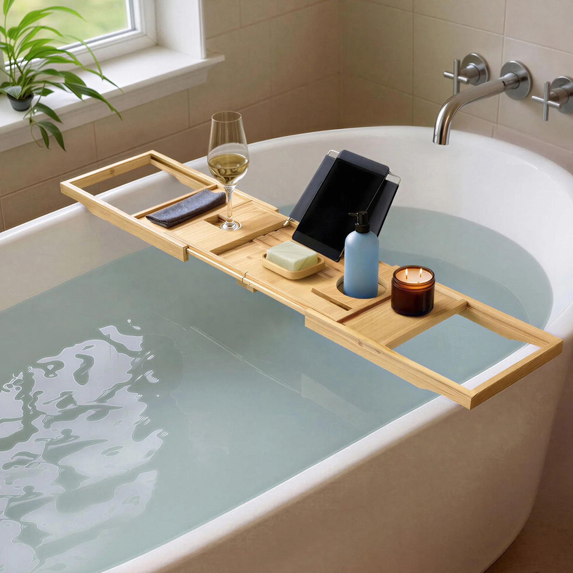 Amazon Basics ausziehbare Badewannenablage aus Bambus