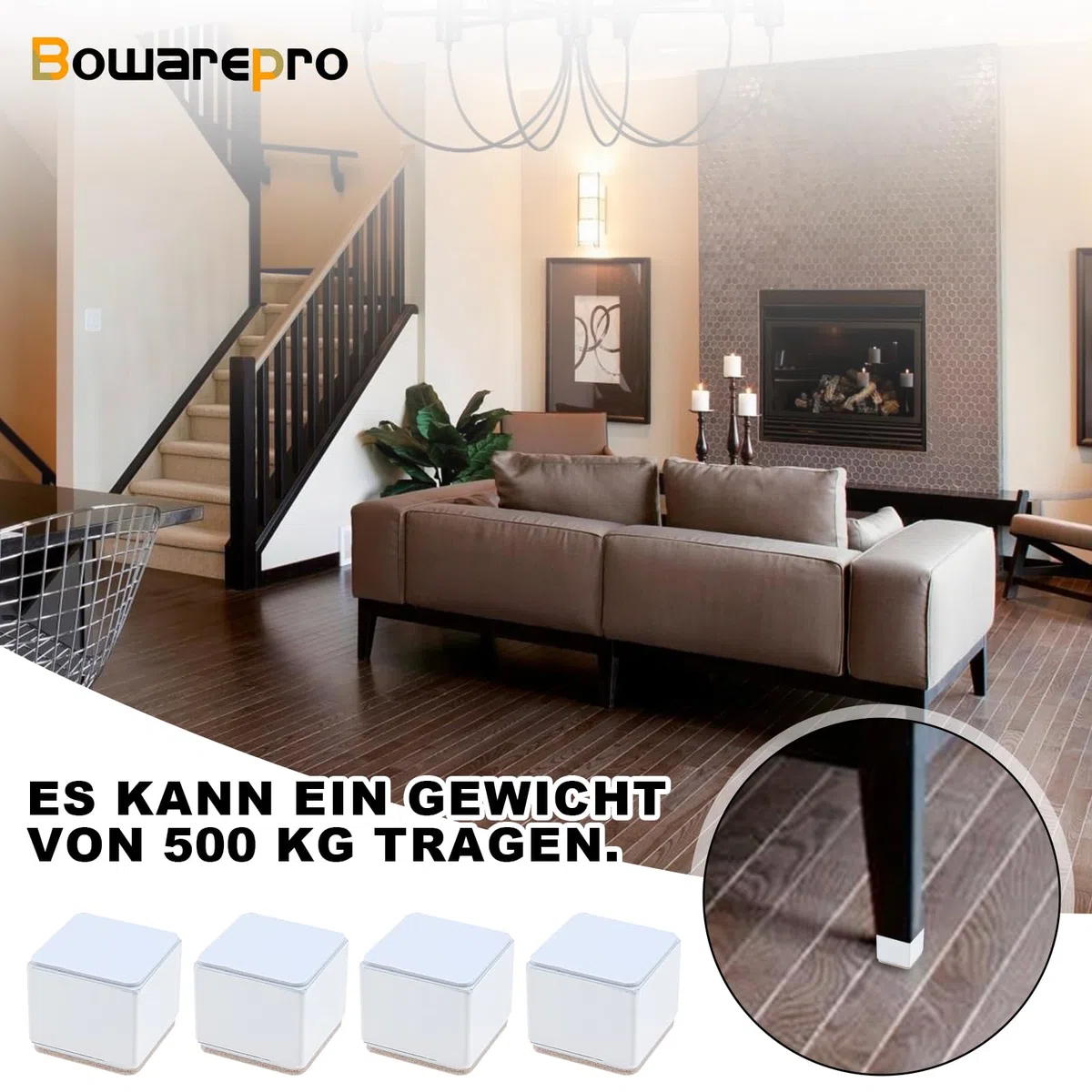 4 Stück Karbonstahl Möbelerhöhung 5 cm Hoch, Selbstklebende Möbelerhöhung, 60x52mm, Möbelfüße zum Kleben, Möbelerhöher für Sofa Couch Tisch Schrank Bett Schreibtisch Erhöhung (Weiß/Quadrat)