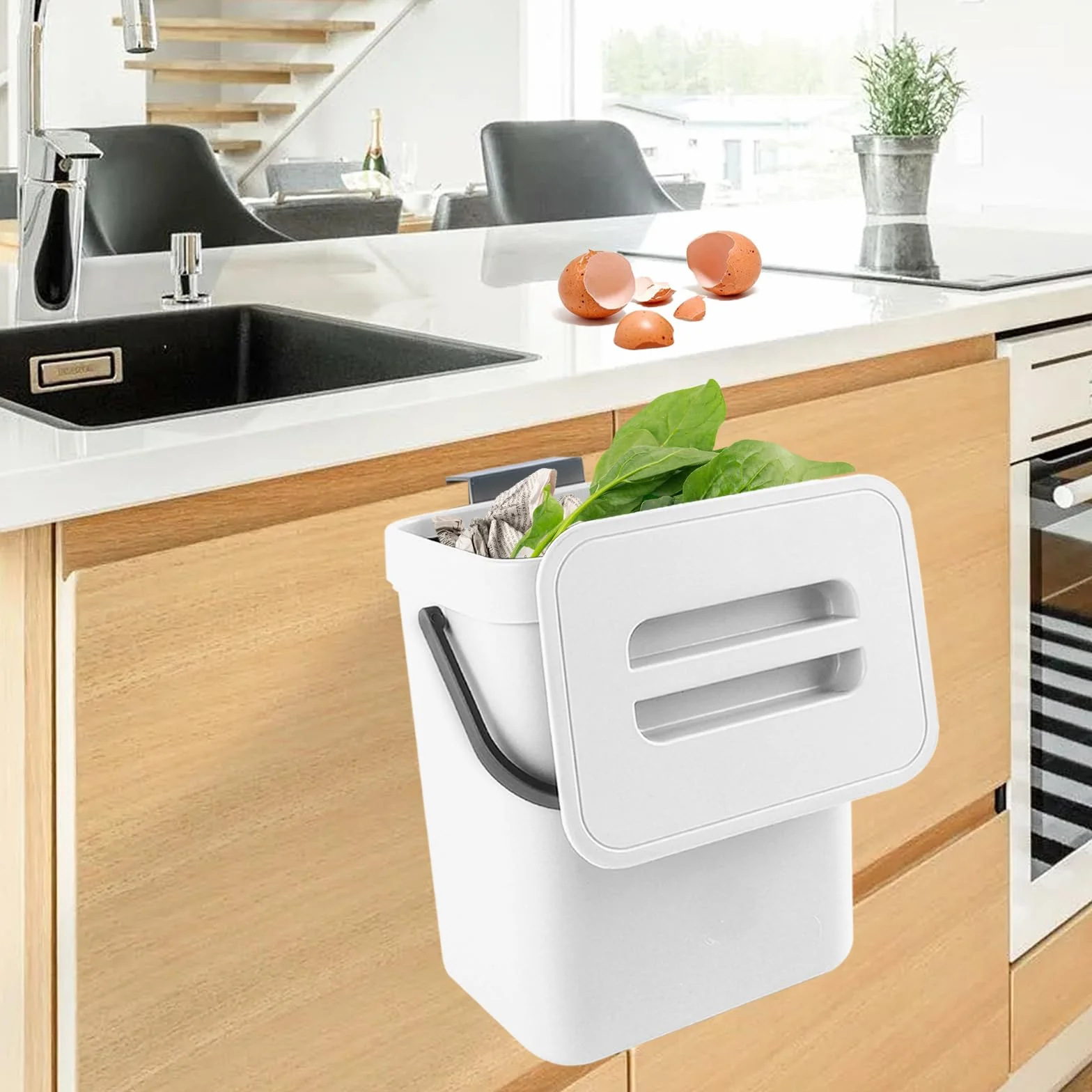 Kleiner Komposteimer für die Küche, Mülleimer, Hängend Biomülleimer, Mülleimer für Arbeitsplatte, Behälter mit Deckel, Komposter, für den Innenbereich, 3 L, Weiß