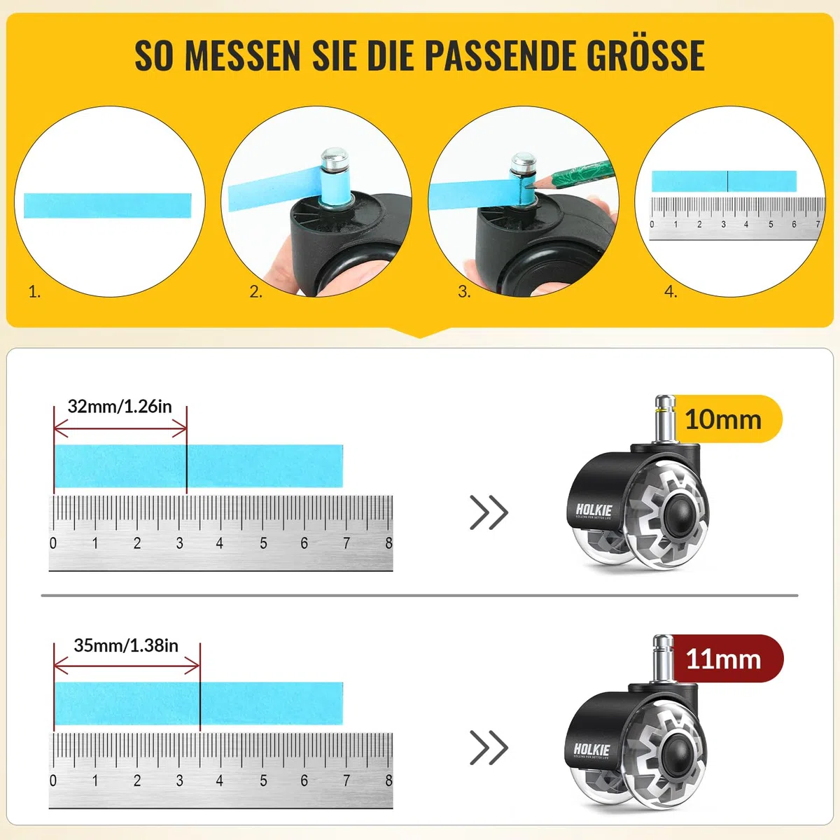 HOLKIE Bürostuhl Rollen 11mm 5er Set Grau Gummi Rollen für Bürostühle Schreibtischstuh mit Doppelrädern Stuhlrollen für Parkett Geeignet Harte Böden Leises & Sanftes Gleiten