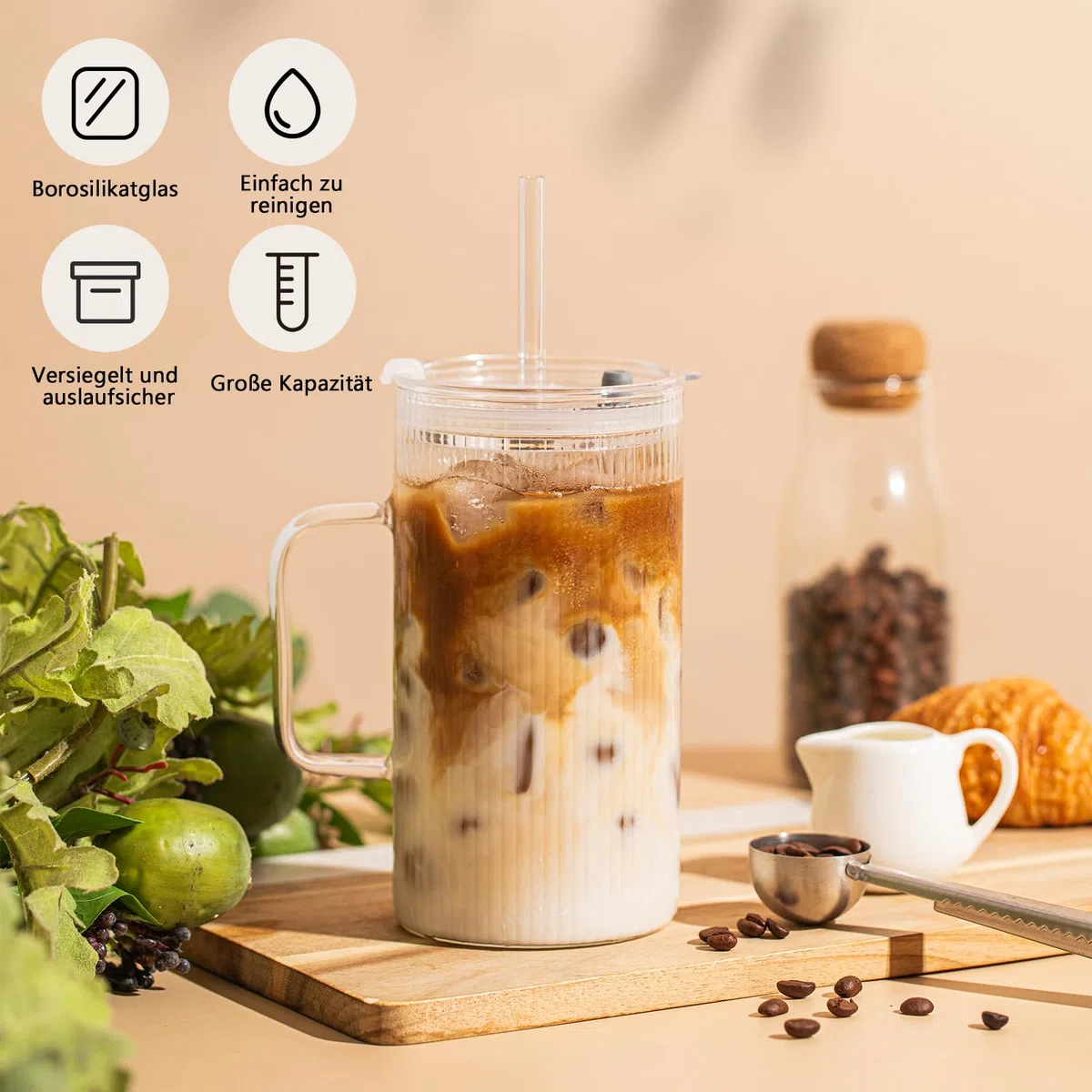 INSETLAN 760ml Große Gerippte Glasbecher mit Henkel und Deckel – 2er Set, Klare Glasbecher mit Wiederverwendbaren Strohhalmen, Vertikale Streifen-Design – Perfekt für Eiskaffee, Tee, Smoothies