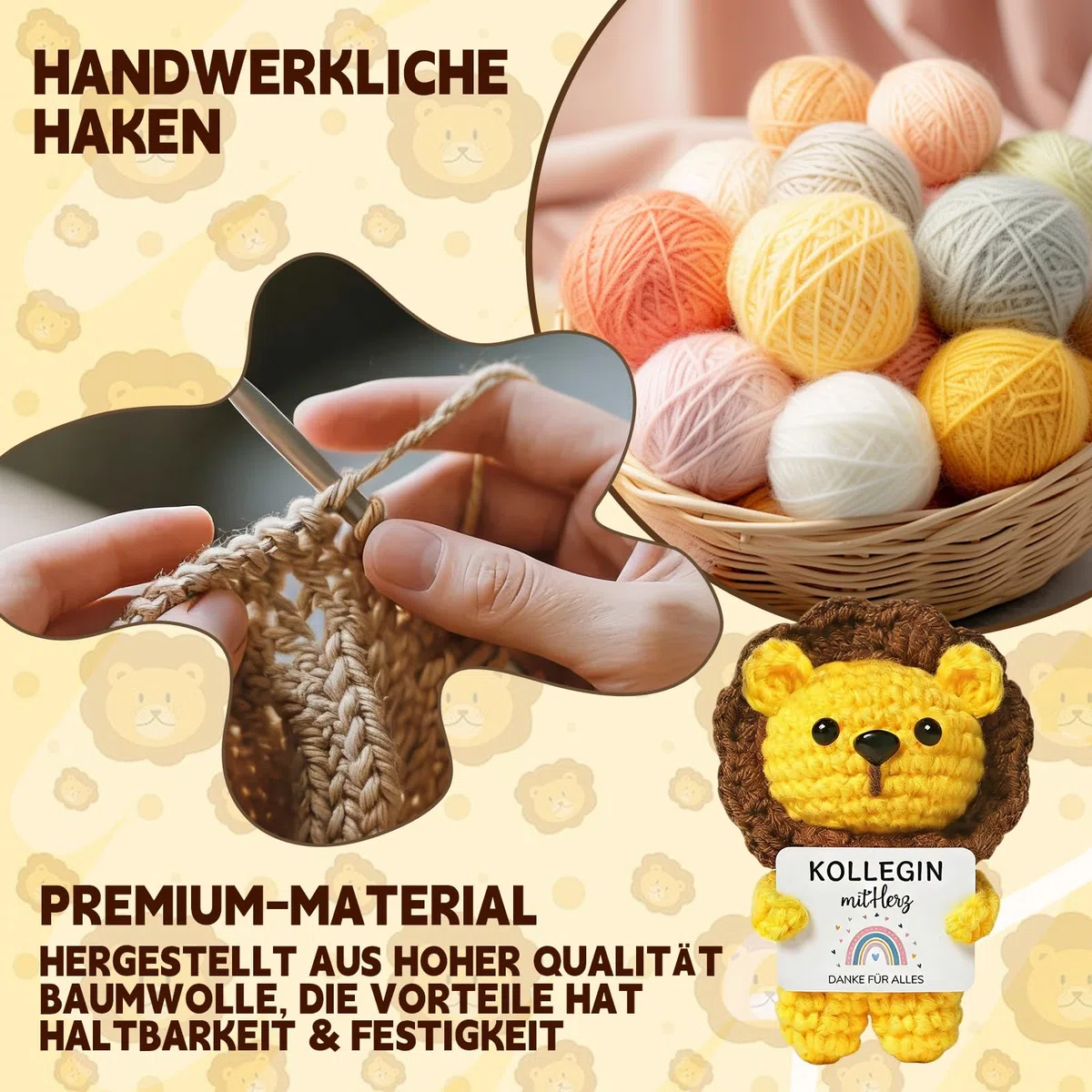 MOAZIFI Abschiedsgeschenk Kollegin, Gehäkelter Löwe mit Karte, Abschied Kollegin, Pocket Hug Glücksbringer, Danke Geschenk für Kollegin Neuer Job Ruhestand