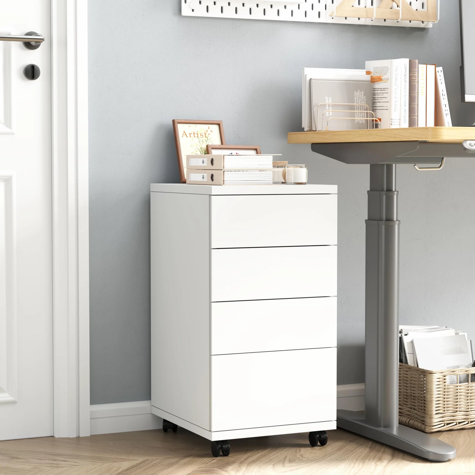 HOCSOK Rollcontainer mit Schubladen, Rollcontainer Schreibtisch mit Rollen, Büroschrank unter dem Schreibtisch für Zuhause und Büro (Weiß)