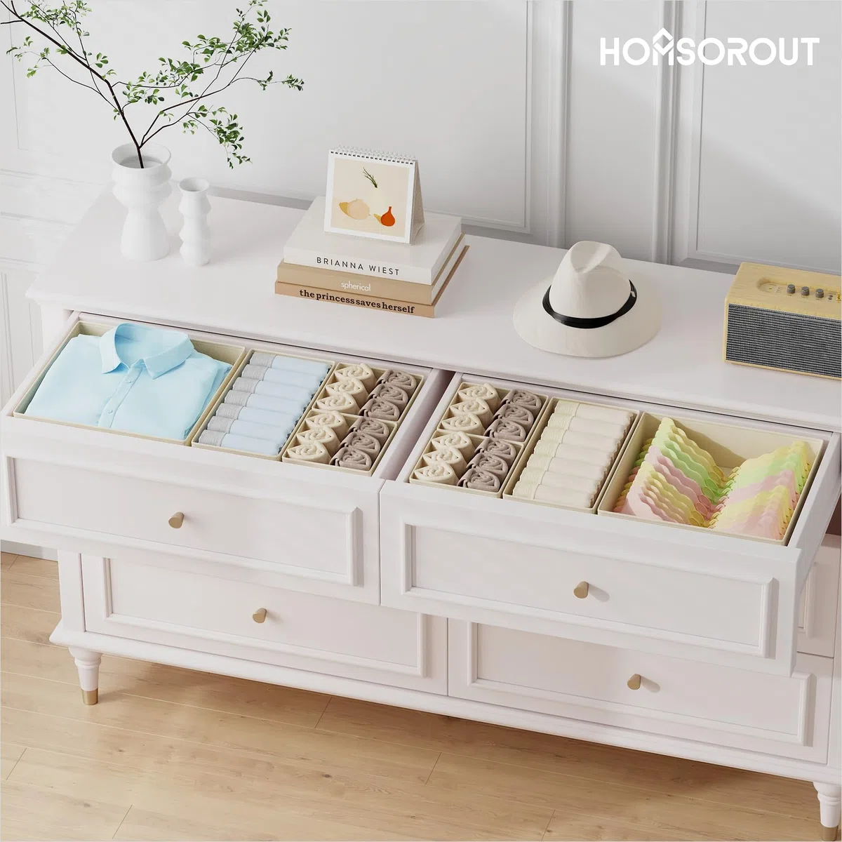 Homsorout Kleiderschrank Schubladen Organizer - 15er Set Unterwäsche Organizer Aufbewahrung Hemnes Kommode, Stoff Schubladen Ordnungssystem Aufbewahrungsbox für Hosen, Kleidung, Socken, Beige
