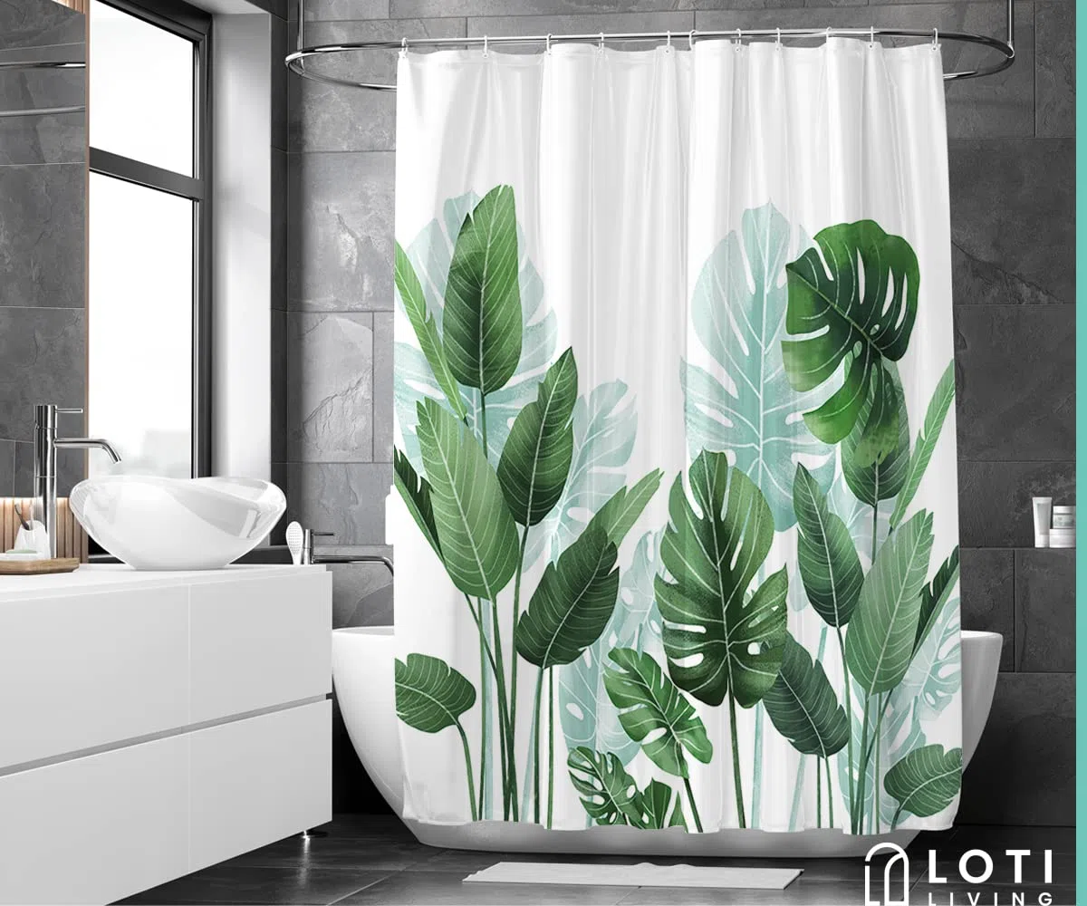 Duschvorhang 180x200 cm - Grün Strelitzia Pflanzen Design - Anti Schimmel & Waschbar – Stoff aus Textil – Wasserdicht – Inkl. 12 Ringe – Badewannenvorhang für Dusche & Bad - Polyester