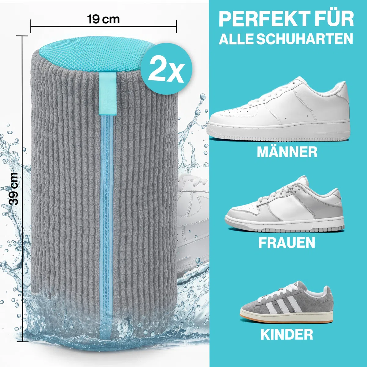 Schuhwaschbeutel Waschmaschine 39x19cm (2 Pcs) Testsieger, Extra Schonend, ALLE Schuhe & Größen, wiederverwendbar | Wäschenetz Schuhbeutel Schuhnetz Waschbeutel ideal für saubere Schuhe & Sneaker