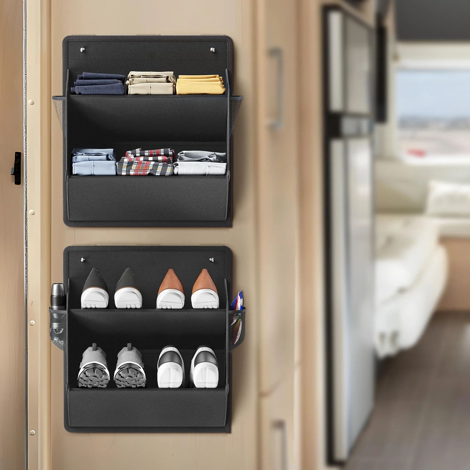 Schuhregal für Wohnmobile, mit Klebeband, Schuhregal zum Aufhängen an der Tür, Schuh-Organizer mit großen, tiefen Taschen für Wohnmobil, schmal, platzsparend, Schwarz, 2 Stück