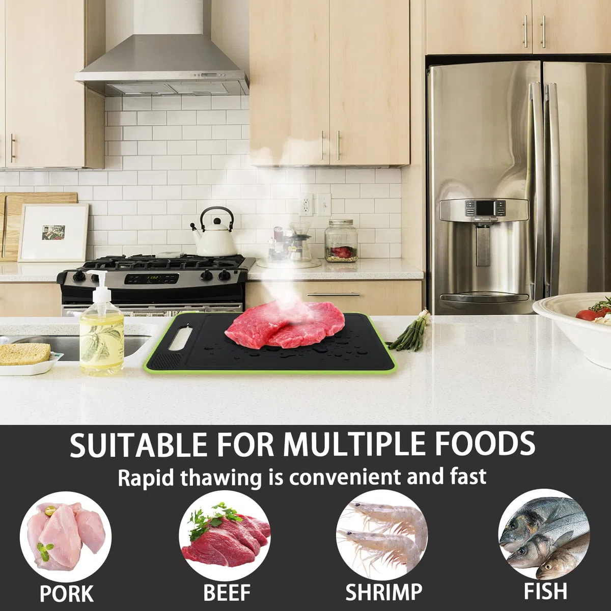 Auftauplatten Schneidebrett mit Auftau-Funktion, 3x Schneller Auftauen Frost Away 4-in-1 Küchen Gadget mit Integriertem Messerschärfer und Gewürzreibe Auftauschale Defrost Tray