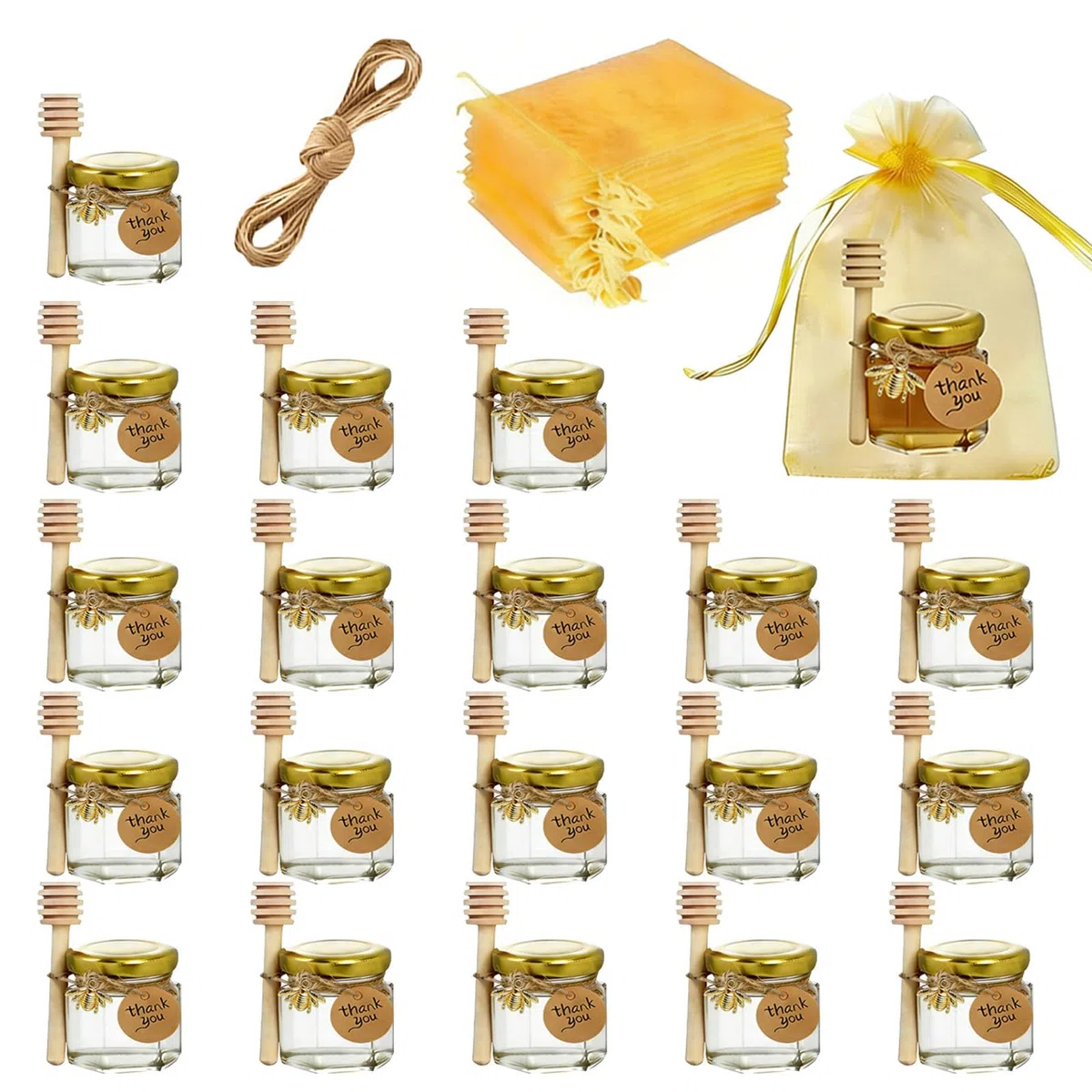 20 Stück 45ml Kleine Honiggläser, Hexagon Mini Glas Marmeladengläser mit Aufkleber, Hölzernen Dippers, Geschenktüten, Jutes, Gilt für Gastgeschenk Set für Hochzeit, Party, Geburtstag