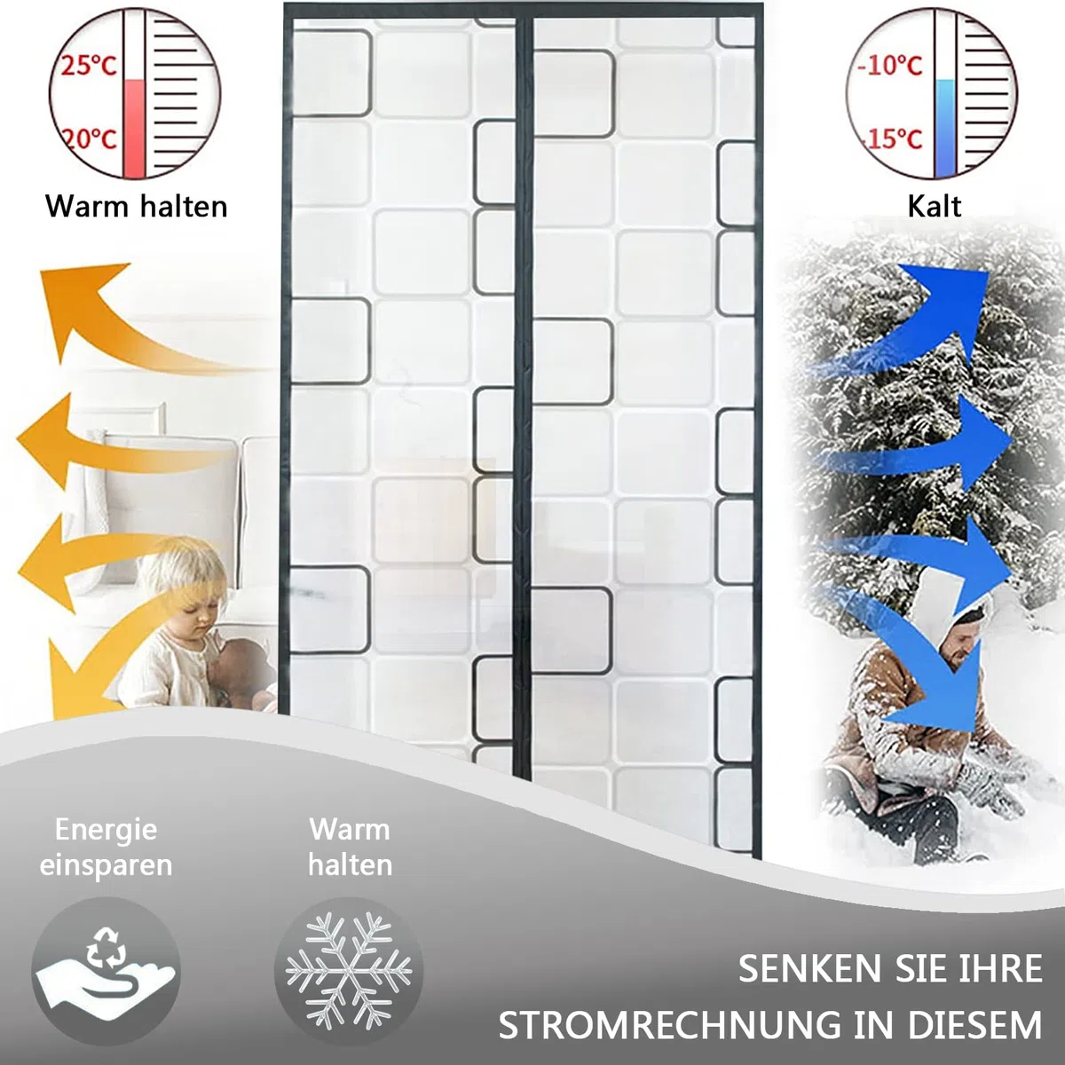 Magnet Wärmeschutzvorhang für Türen 90x220cm, Isolier Schutz Vorhang,Kälteschutz und Wärmeschutz im Winter, Ideal für die Nutzung von Klimaanlagen im Sommer, Kinderleichte Klebemontage Ohne Bohren