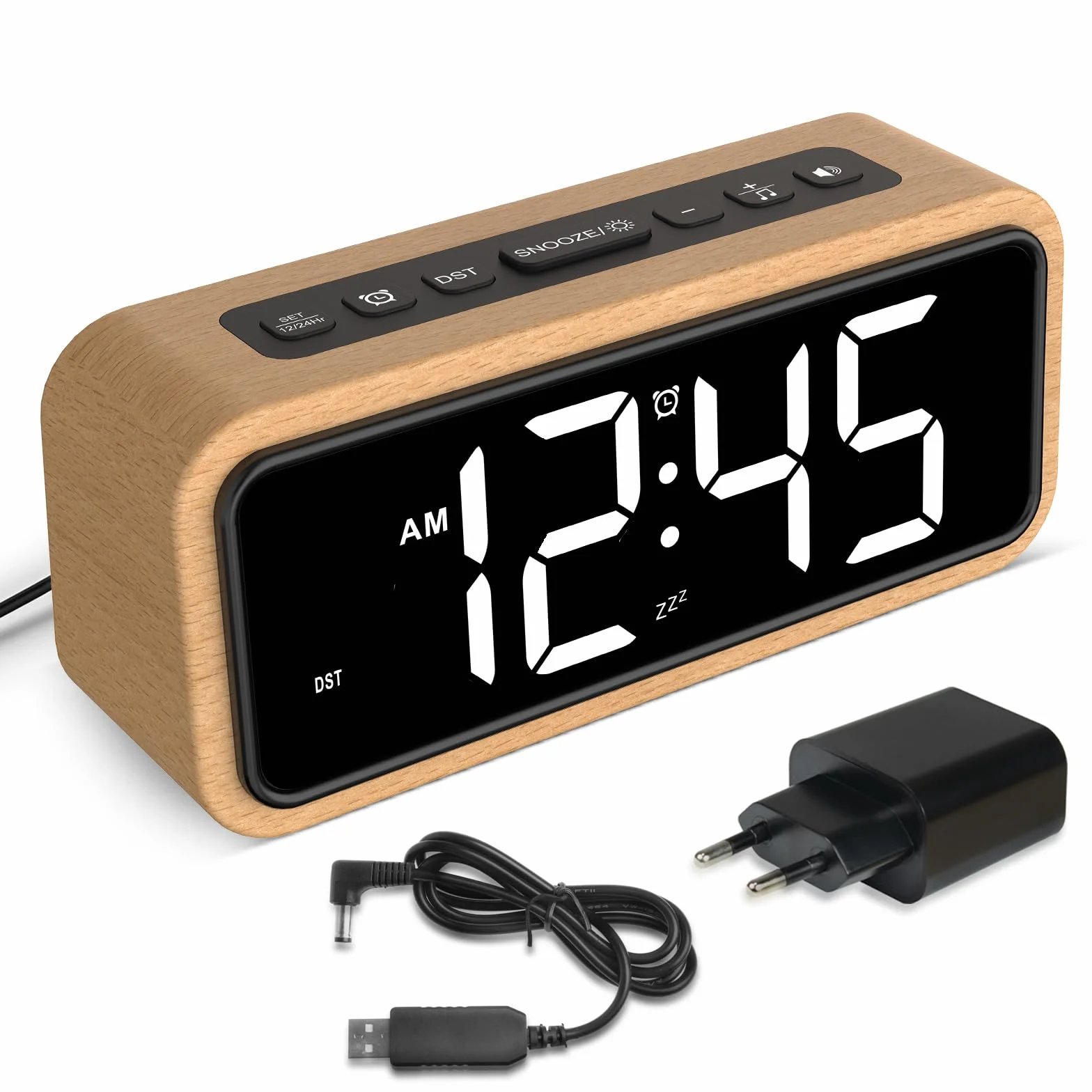 Wecker Laut für Tiefschläfer, Digitalwecker Holz mit LED Anzeige, 12 Alarm-Klingeltöne, 5 Helligkeit Einstellbar, 5 Lautstärken, Manuelles DST, Braun Wecker Retro für Schlafzimmer (Buche-Weiß)