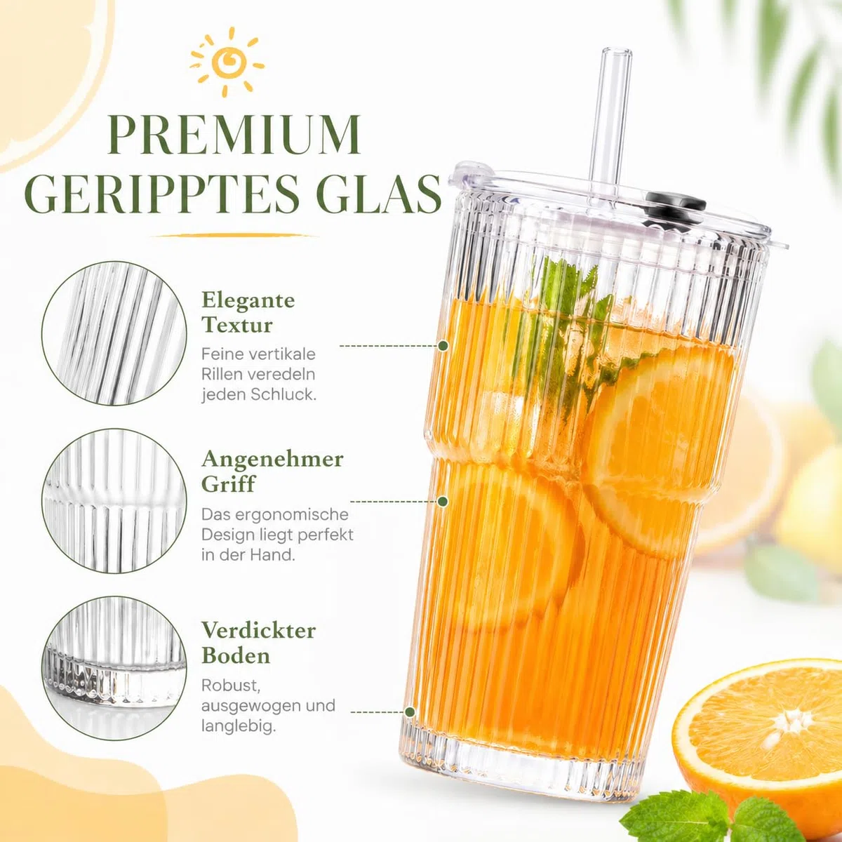 ALINK 2 Stück 600ml Gerippte Glasbecher mit Deckel und Strohhalm, Eiskaffee Gläser, Longdrinkglas Set, Smoothie Becher, luftdichtes und wasserdichtes Design, ideal als Kaffee