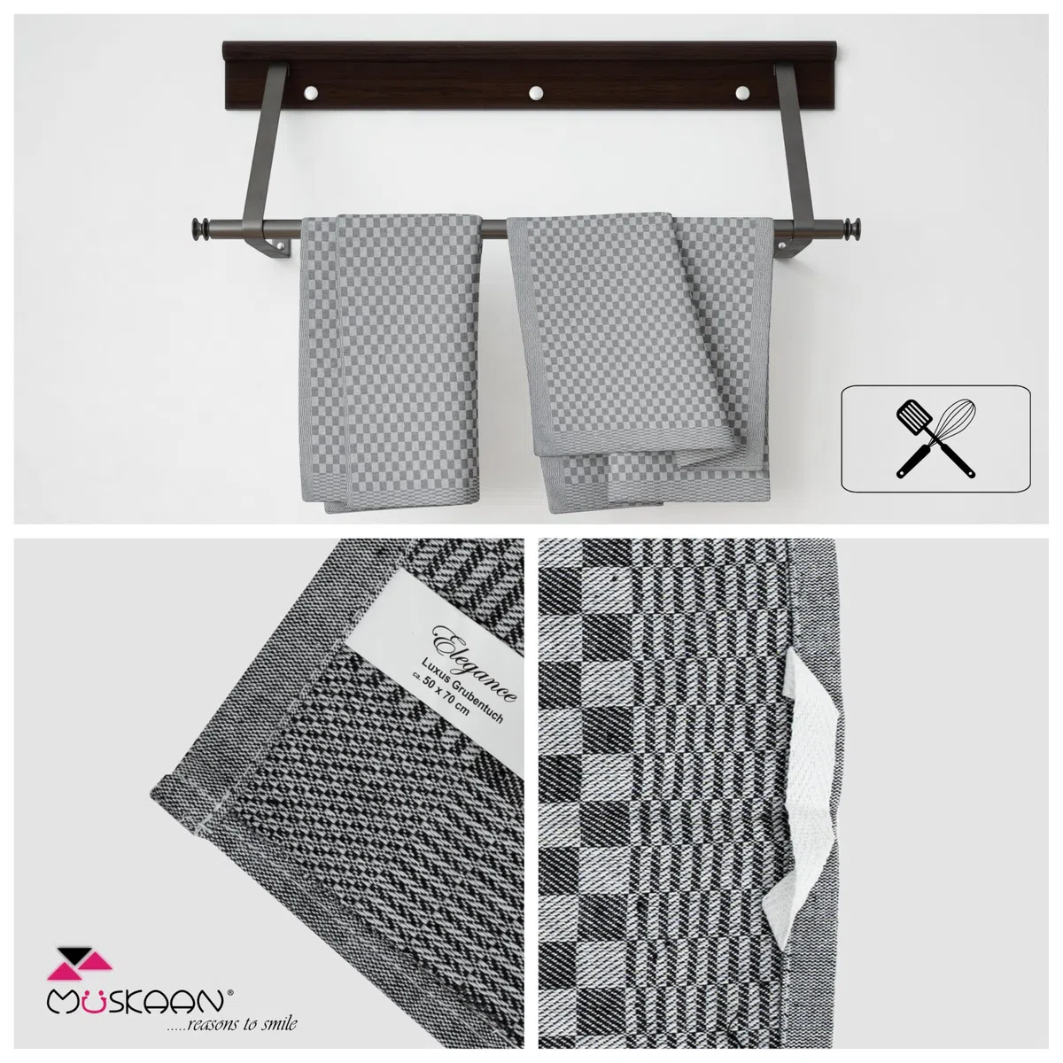 Müskaan 10er Set Geschirrtücher 100% Baumwolle 50x70 cm Schwarz 210 g/m² | Küchenhandtücher für Abtrocknen, Grubentücher zum Putzen, Fusselfrei Geschirrhandtücher, Küchentücher saugstark, Geschirrtuch