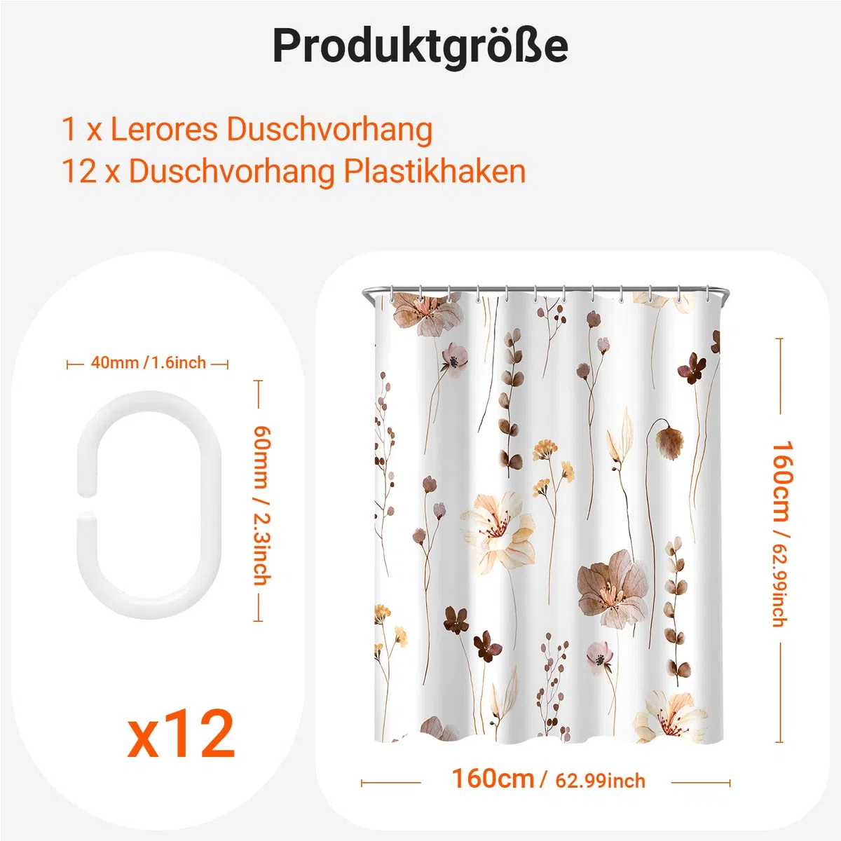 Lerores Duschvorhang 160x160 cm Braun Blume,Beschwerter Saum Antischimmel,Wasserabweisend, Waschbar Polyester Badevorhänge mit 12 Ösen und Duschvorhangringe für Badezimmer,Badewanne