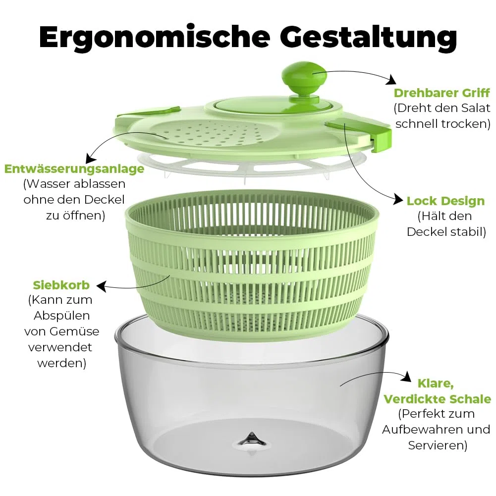 Salatschleuder mit Deckel, Hochwertige Kunststoff, BPA-frei, Salatschleudern mit Kurbelantrieb und 4,5L Salatschüssel und Masche, Wäscht und trocknet Salat, Gemüse und Obst