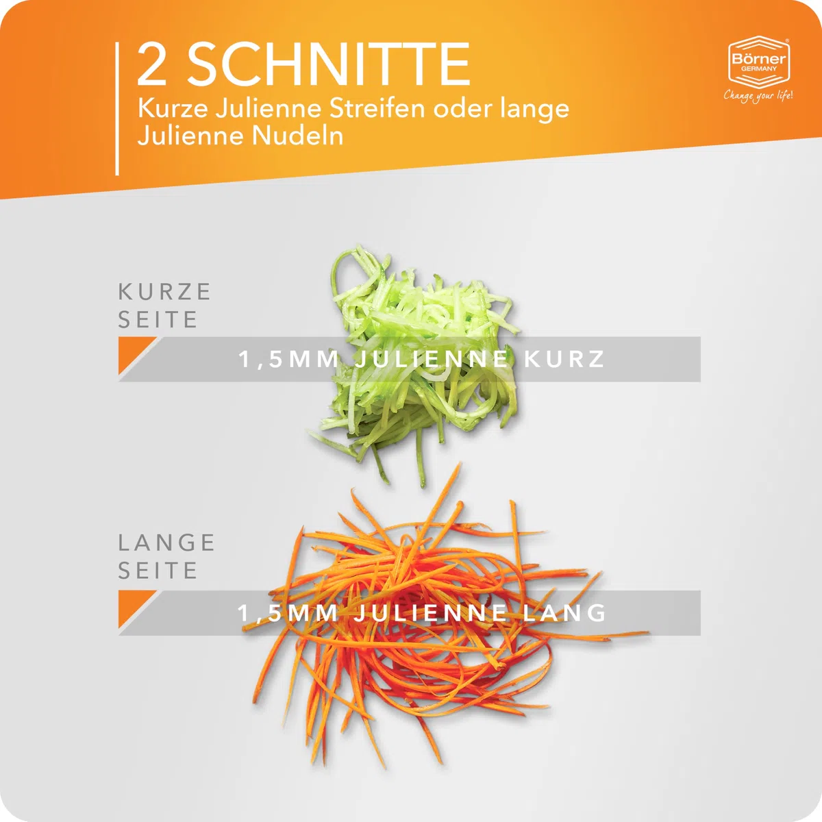 Börner Roko PowerLine Gemüseschneider • Streifenschneider für Obst & Gemüse • Julienne Schneider für feine Streifen • Gemüsehobel fein • Küchenhobel • Reibe (Orange)