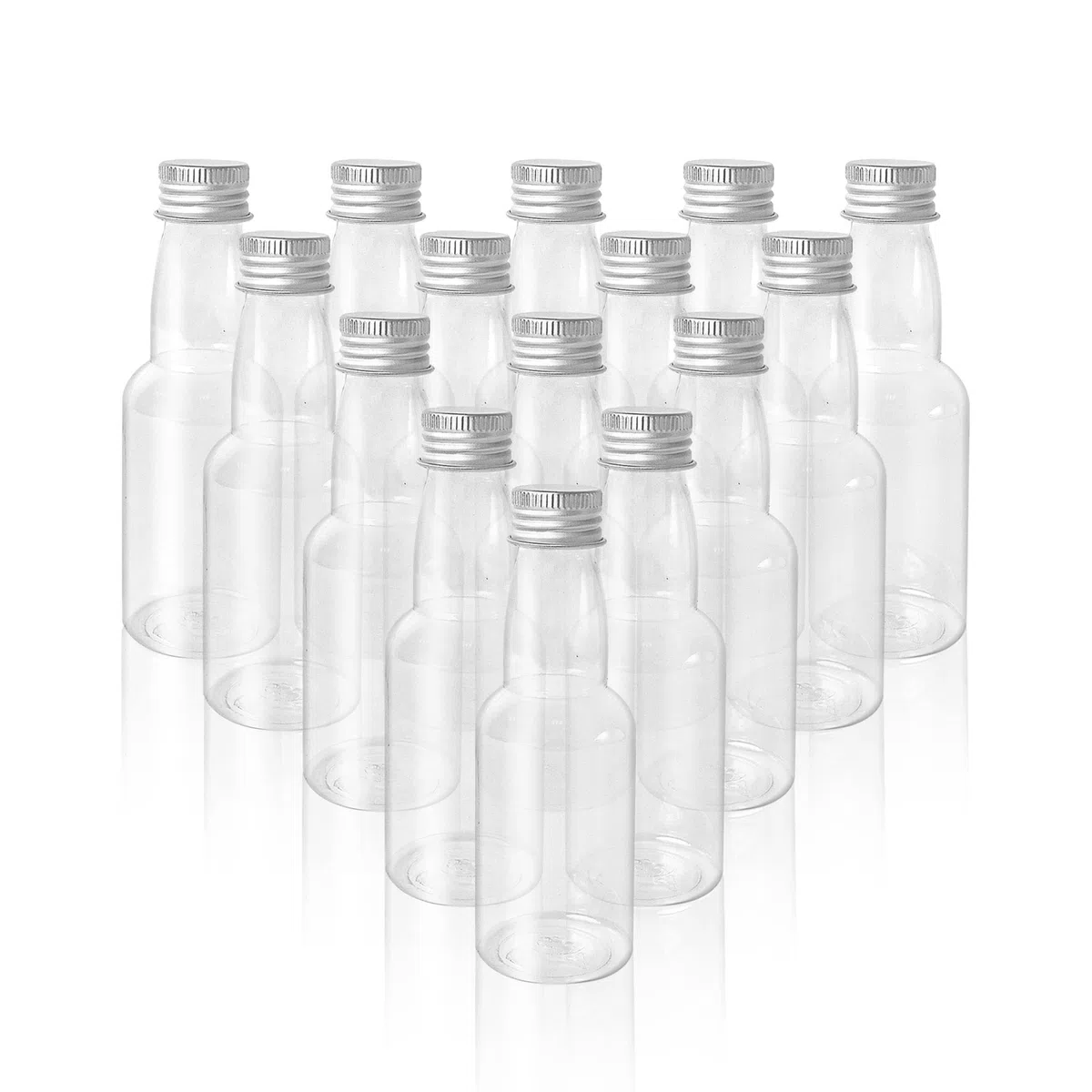 50 Stück Kleine Fläschchen zum Befüllen Kunststoff für Likör, 60 ml Mini Schnapsflaschen Likörflaschen mit Silber Deckel und Trichter, Plastik für Hochzeiten, Partys, Reisen