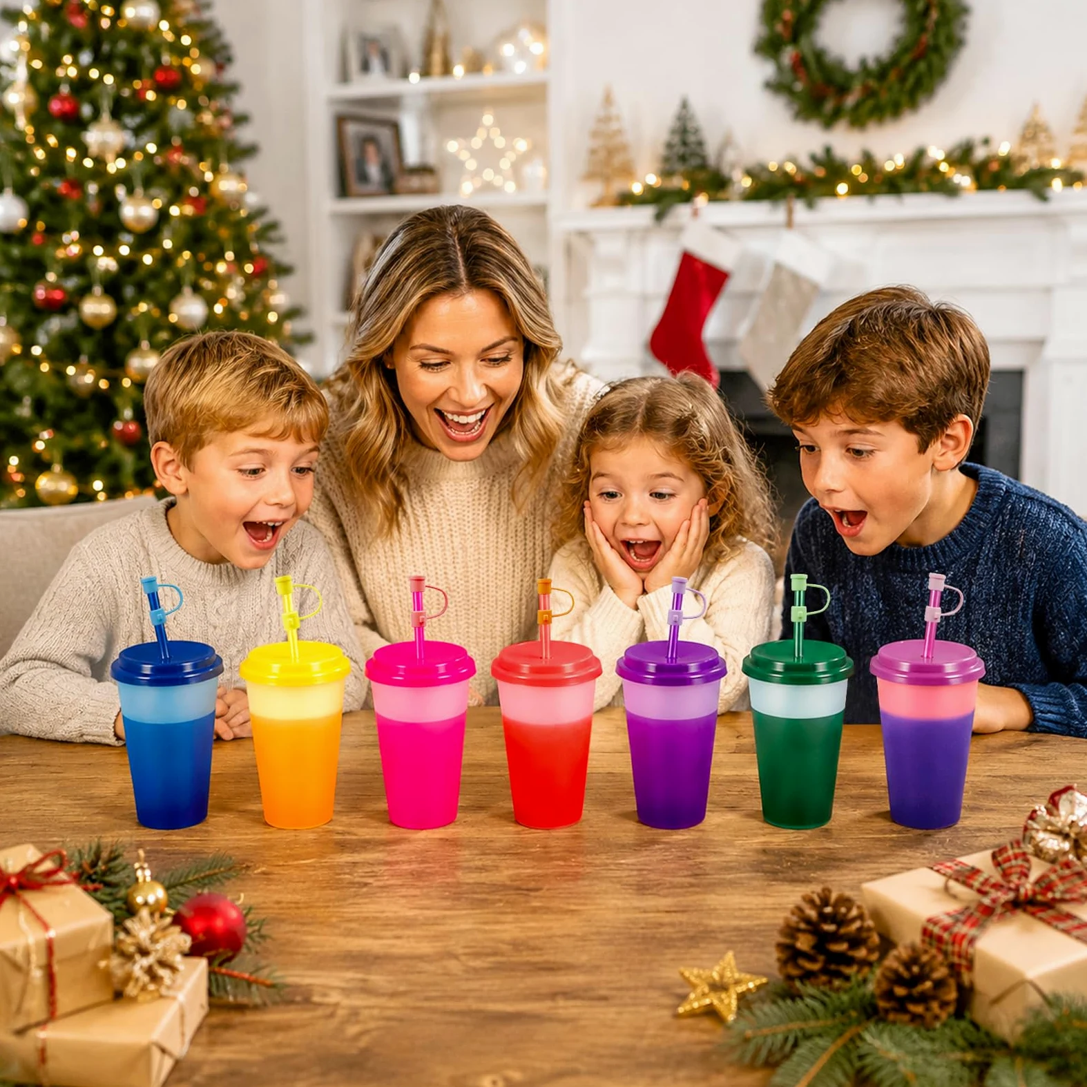 Patinao 7 Stück Becher Tasse Trinkbecher mit Strohhalm & Deckel - 350ml Farbwechselbecher Mehrweg Plastikbecher Tasse Eiskaffee Smoothie Cup Travel Mug (mit Silikon Strohhalm Cover)