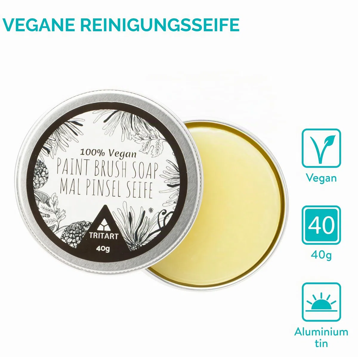 Tritart Pinselseife Künstlerbedarf 40g - Pinselreiniger Acrylfarbe und Aquarell - Brush Soap Pinsel Seife - Malpinsel Reiniger Malen - Pinsel Reinigung - Pinselwascher vegan