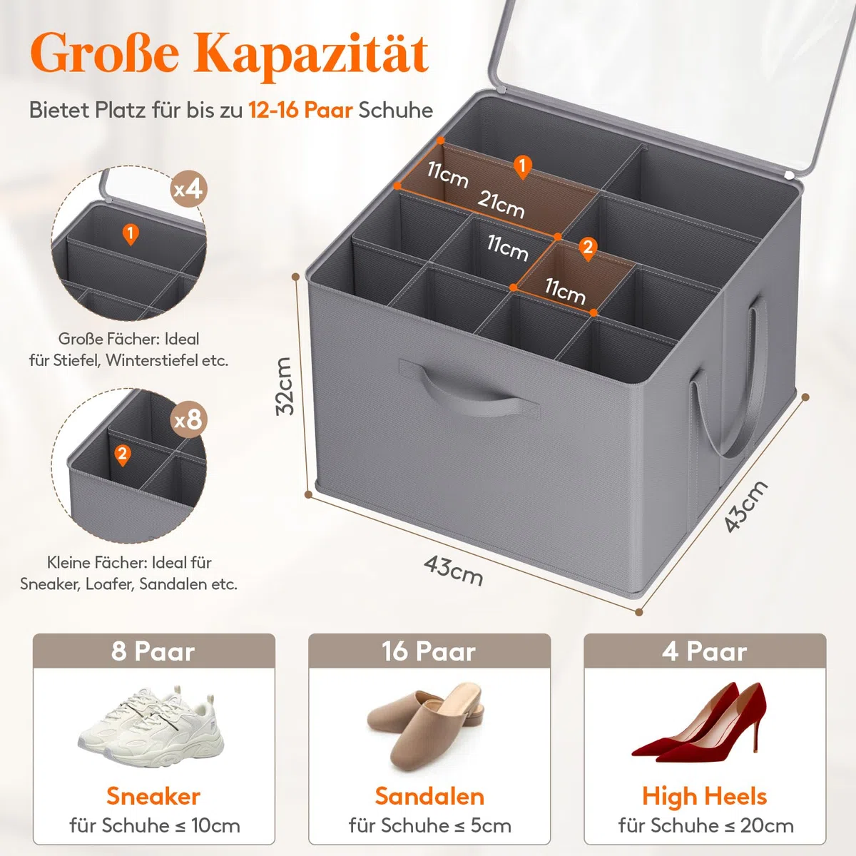 Lifewit Schuhorganizer für 8 Paar, Großer Schuhschran für Closet mit Unterteilungen und Deckel, Platzsparende Schuhkarton mit Griffen für Schuhaufbewahrung, Grau, 1er Set