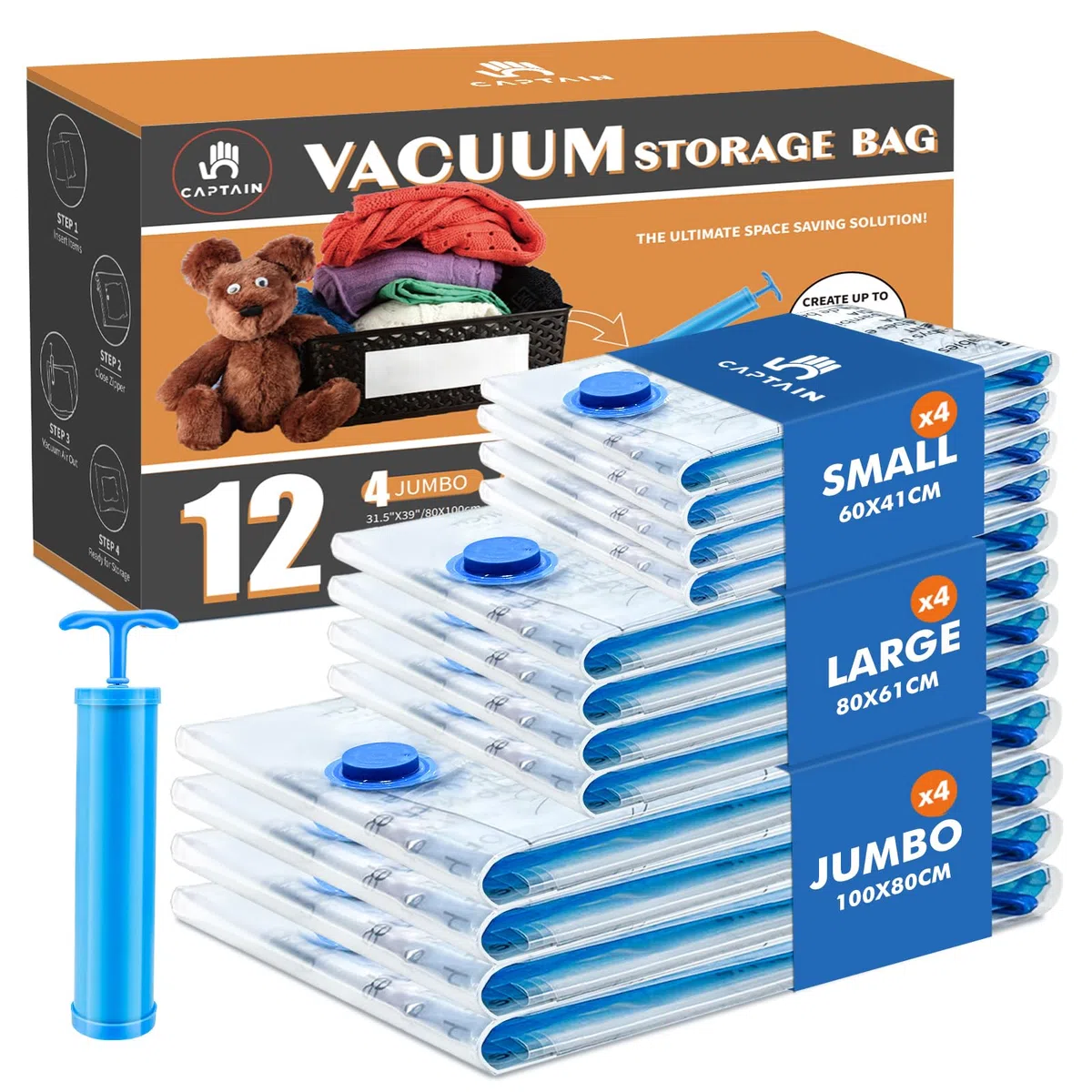 Captainfive Vakuumbeutel für Kleidung und Bettdecken, 12 Stück Vakuumierbeutel 3 Größen ((4*100x80cm + 4*80x61cm + 4*60x41cm), Vacuum Bags for Clothing mit 1 Handpumpe, Aufbewahrungsbeutel