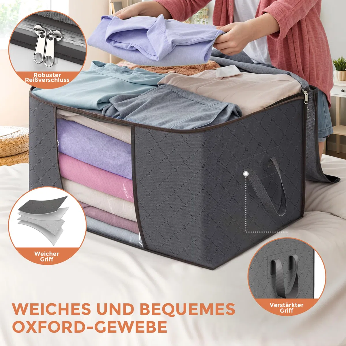 Budding Joy 6 Stück 90L Aufbewahrungstasche, Aufbewahrungsbox mit Deckel Große, Kleider Aufbewahrung Umzugskartons, Faltbare Unterbett Kleiderschrank für Kleidung Bettdecken und Bettwäsche, Grau