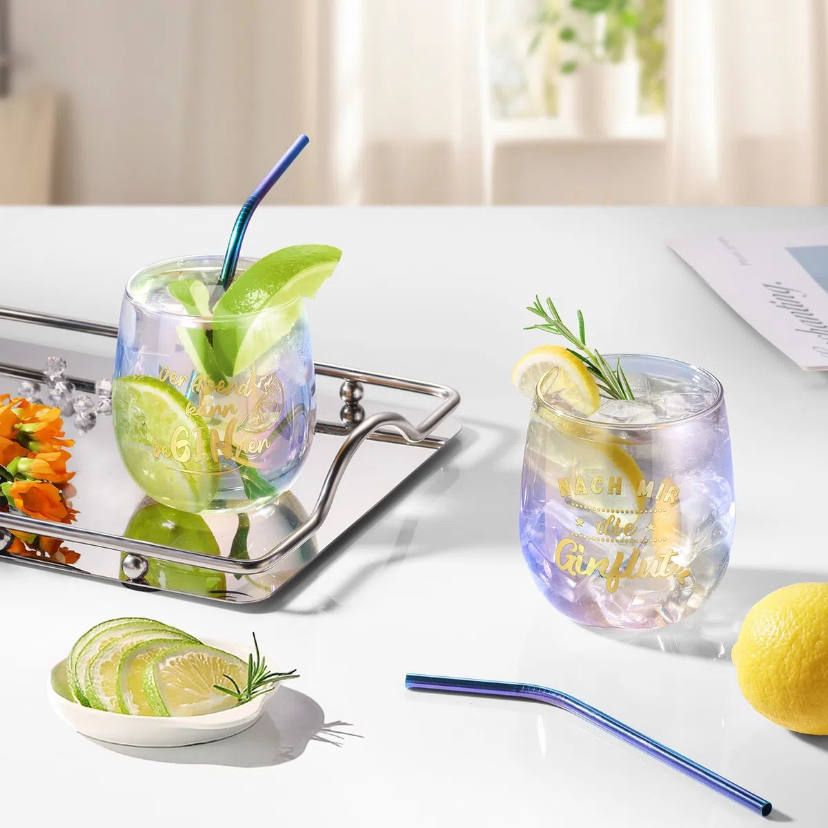glastal 450ml Gin Tonic Gläser 2er Set Bunt Weingläser mit Gin Sprüchen | Bunt Gin Gläser, Borosilikatglas Einschichtiges, Geschenk für Ginliebhaber Frauen Freund zu Geburtstag Weihnachten