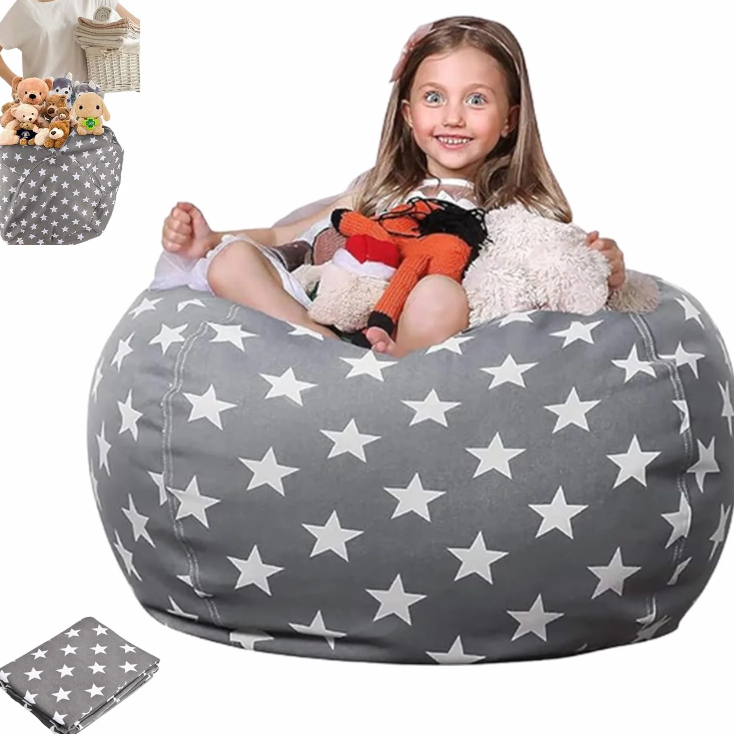 Spielzeug Aufbewharungstasche, Kuscheltier Aufbewahrung Sitzsack, Kinder Sitzsack Sofa, Bean Bag Toy Storage mit Reißverschlus, Beutel Spielzeugaufbewahrung, für Kleidung, Spielzeug (24 zoll)