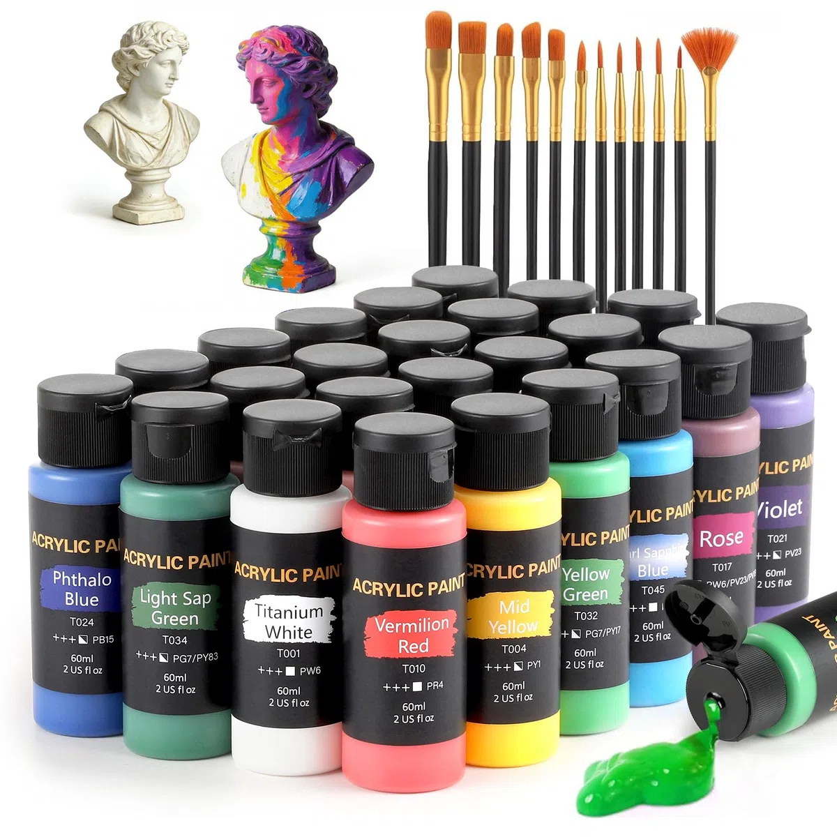 TMOL Acrylfarben Set, 24 Farben x60 ml +12 Pinsel, Acrylic Paint Set, Künstlerbedarf für Leinwand, Holz, Keramik, Stoffe, ungiftige Pigmente Acrylfarbe für Anfänger, Studenten, Profis, Künstler