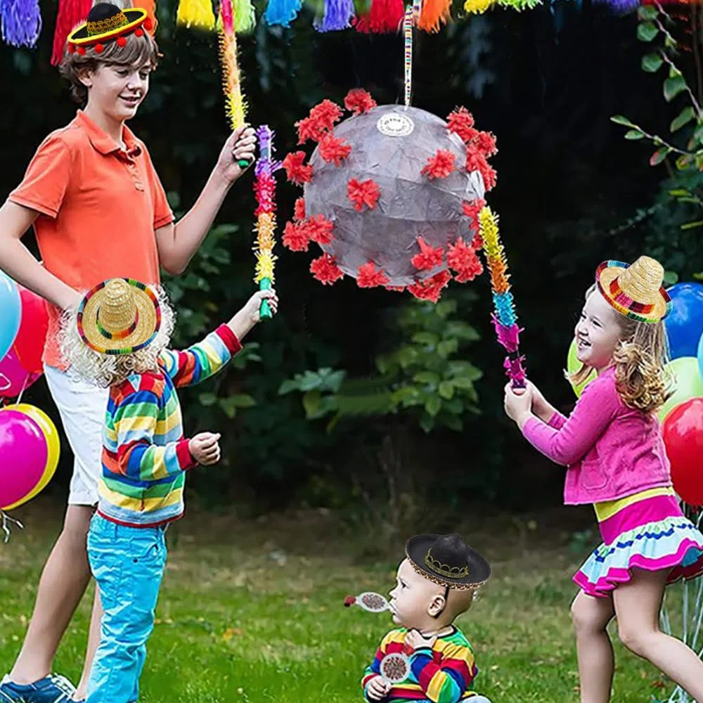 Set von 6 Cinco de Mayo Stroh Sombrero Stirnband Stoff Partyhüte mit Ball Fransen Dekoration für Fiesta Hut Partyzubehör, Dia de Muertos, mexikanische Themen Dekorationen Partyzubehör