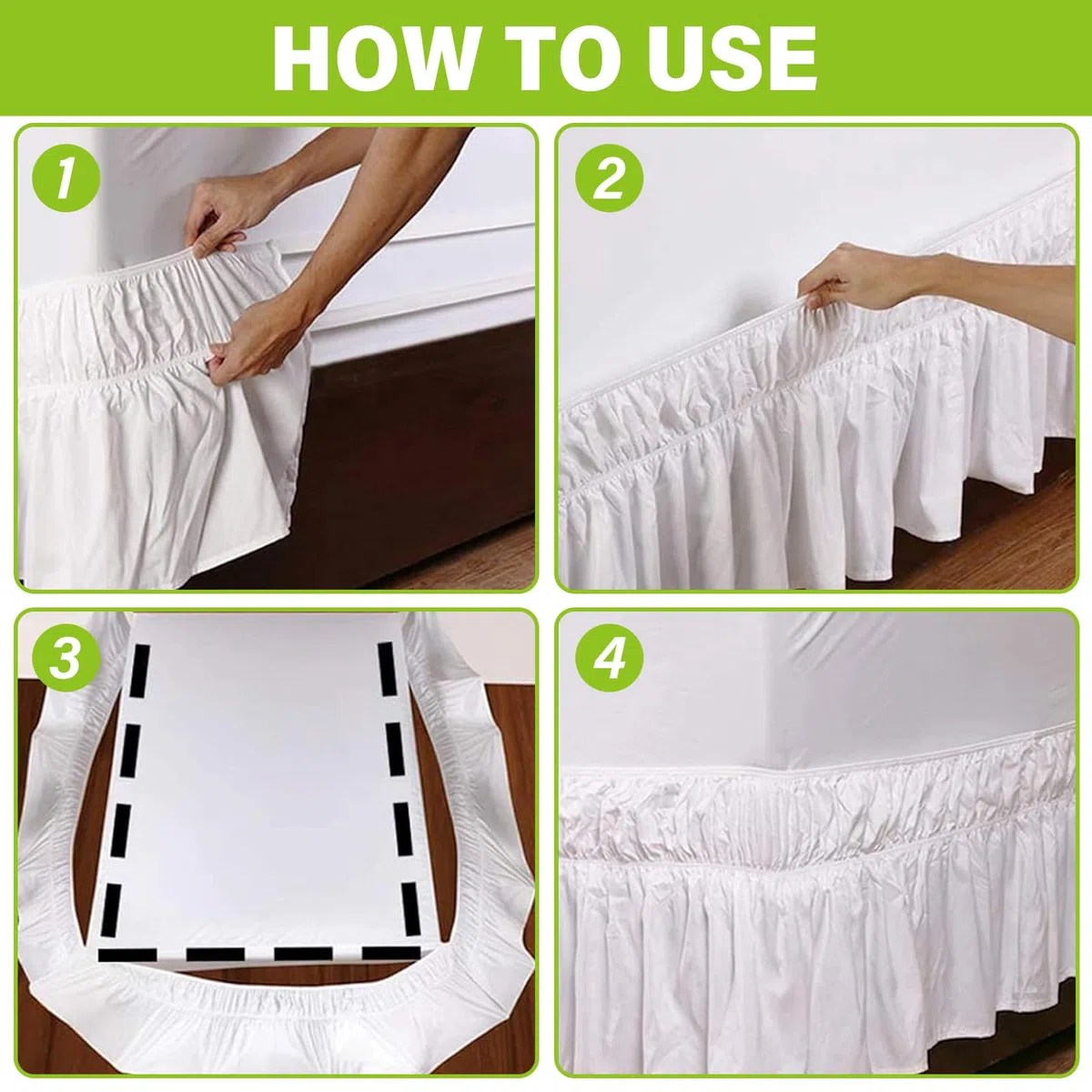 Gefalteter ​Bettrock, 150x200x38cm Bettrock zum Umwickeln, Elastische Bett Wrap Ruffled, Ruffled Solid Bed Rock Bettvolant Lichtbeständig Bettumrandung für Schlafzimmer Hotel Bett(Queen, Weiß)