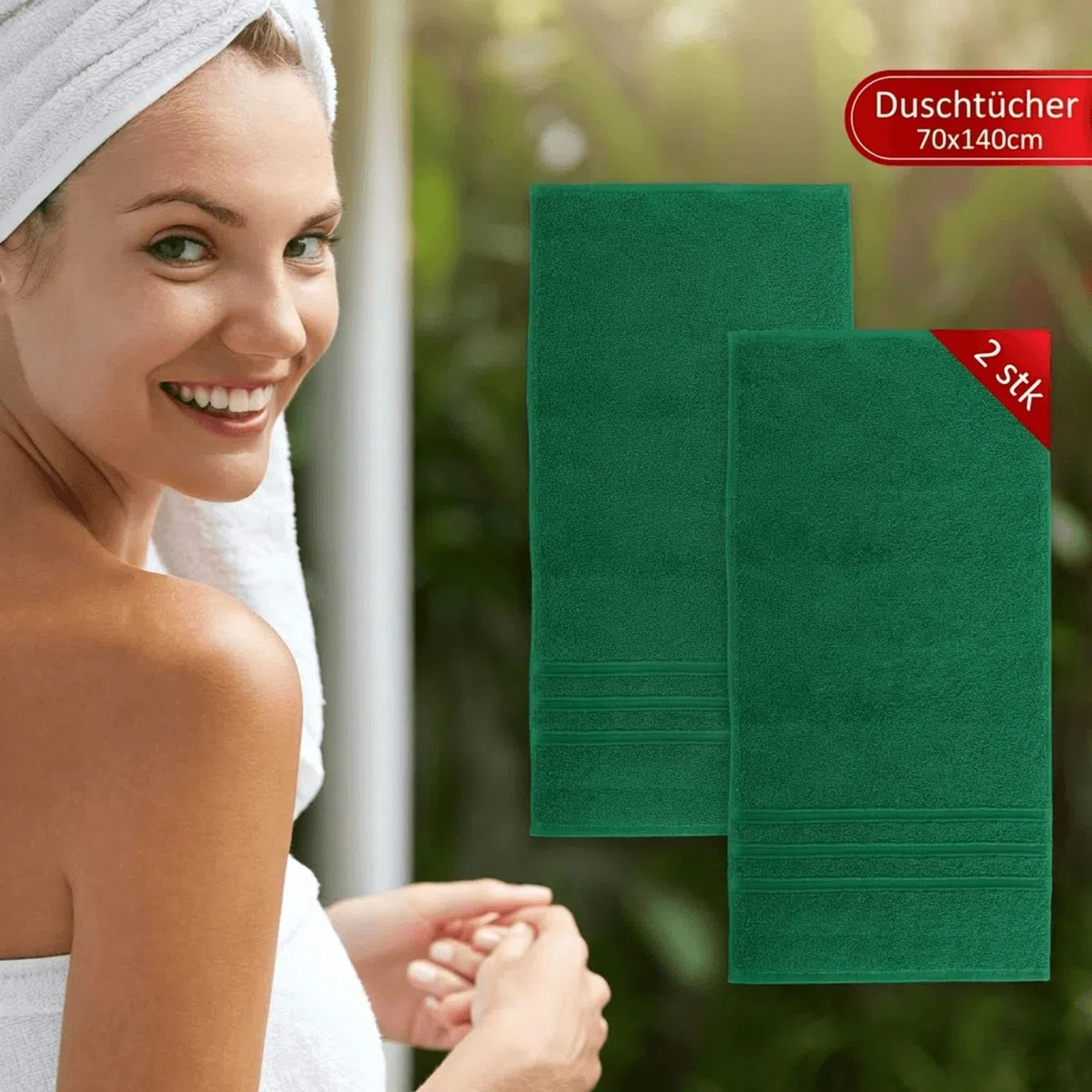 Vency Premium 2er Pack Duschtücher Set - 100% Baumwolle - Saugfähige und langlebige Duschtücher, Größe 70x140 cm, Dunkelgrün