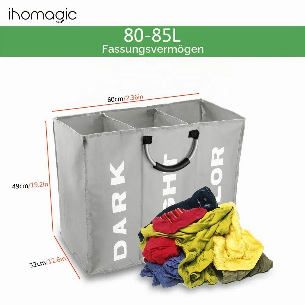 Wäschesortierer 3 Fächer, Faltbarer Wäschekorb Sortierer, Hell Dunkel Wäschesammler, 3 Fach Braun Kinderzimmer Kinder Baby Wäschebox, Wäschesack Wäschetasche Stoff Groß, 90L, 60×32×49cm, Grau